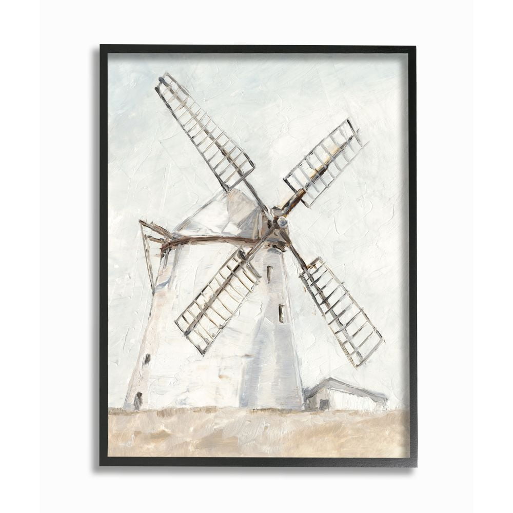 Stupell Industries Windmill Farm Landscape Neutral Brown Blue Painting Black Framed Art Print Wall Art, 11x14, by Ethan Harper