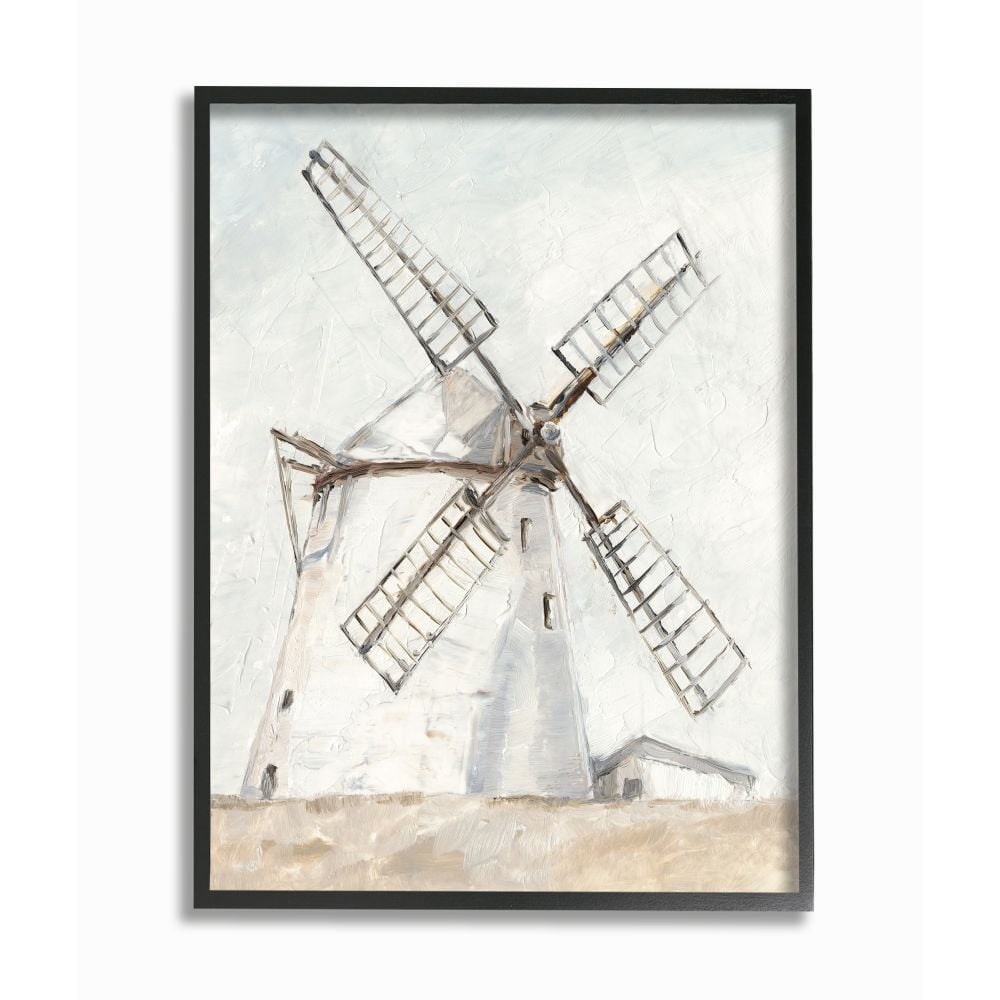 Stupell Industries Windmill Farm Landscape Neutral Brown Blue Painting Black Framed Art Print Wall Art, 24x30, by Ethan Harper