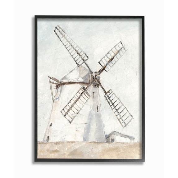 Stupell Industries Windmill Farm Landscape Neutral Brown Blue Painting Black Framed Art Print Wall Art, 24x30, by Ethan Harper