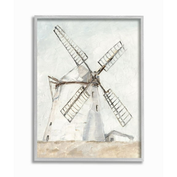 Stupell Industries Windmill Farm Landscape Neutral Brown Blue Painting Gray Framed Art Print Wall Art, 11x14, by Ethan Harper
