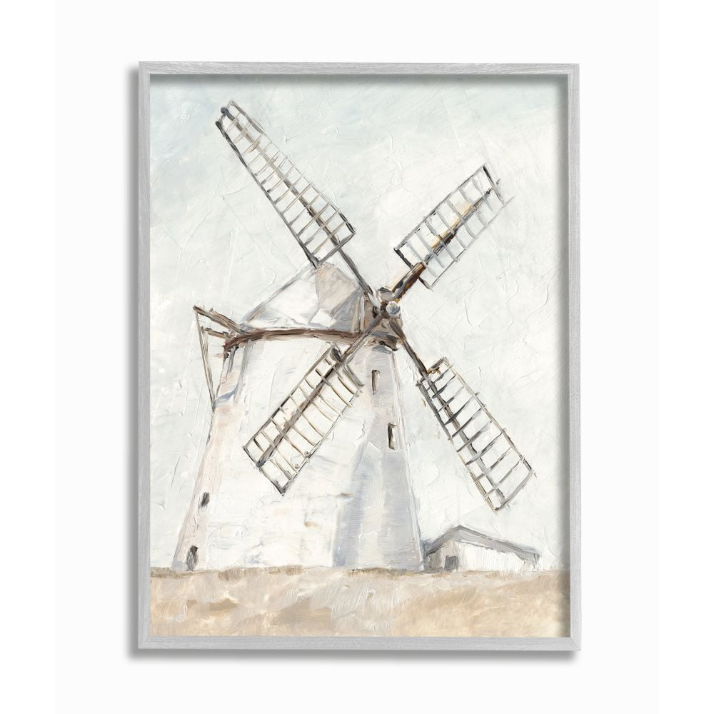 Stupell Industries Windmill Farm Landscape Neutral Brown Blue Painting Gray Framed Art Print Wall Art, 16x20, by Ethan Harper