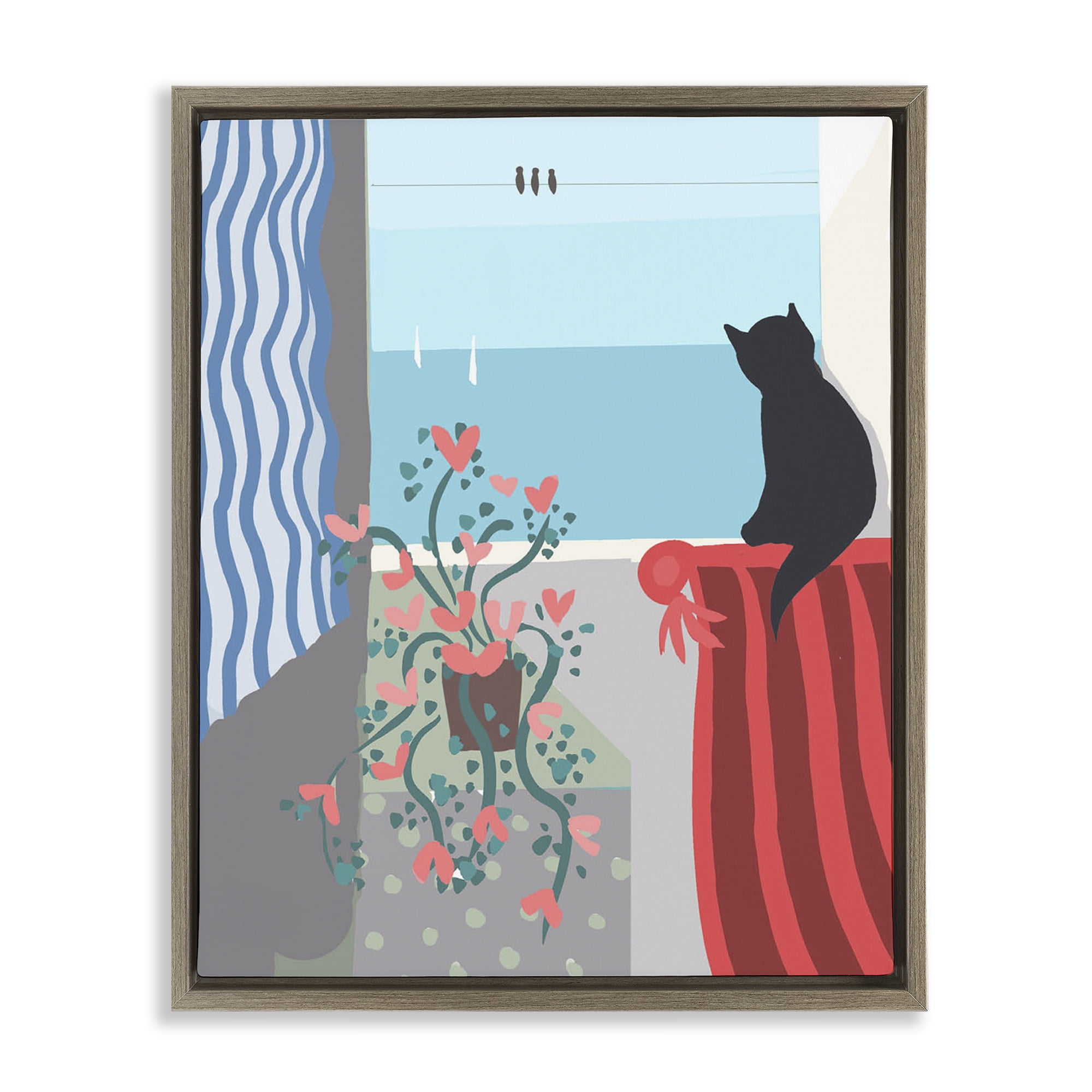Stupell Industries Window Beach View Nautical & Beach Painting Brown Floater Framed Canvas Art Print Wall Art, 17 x 21