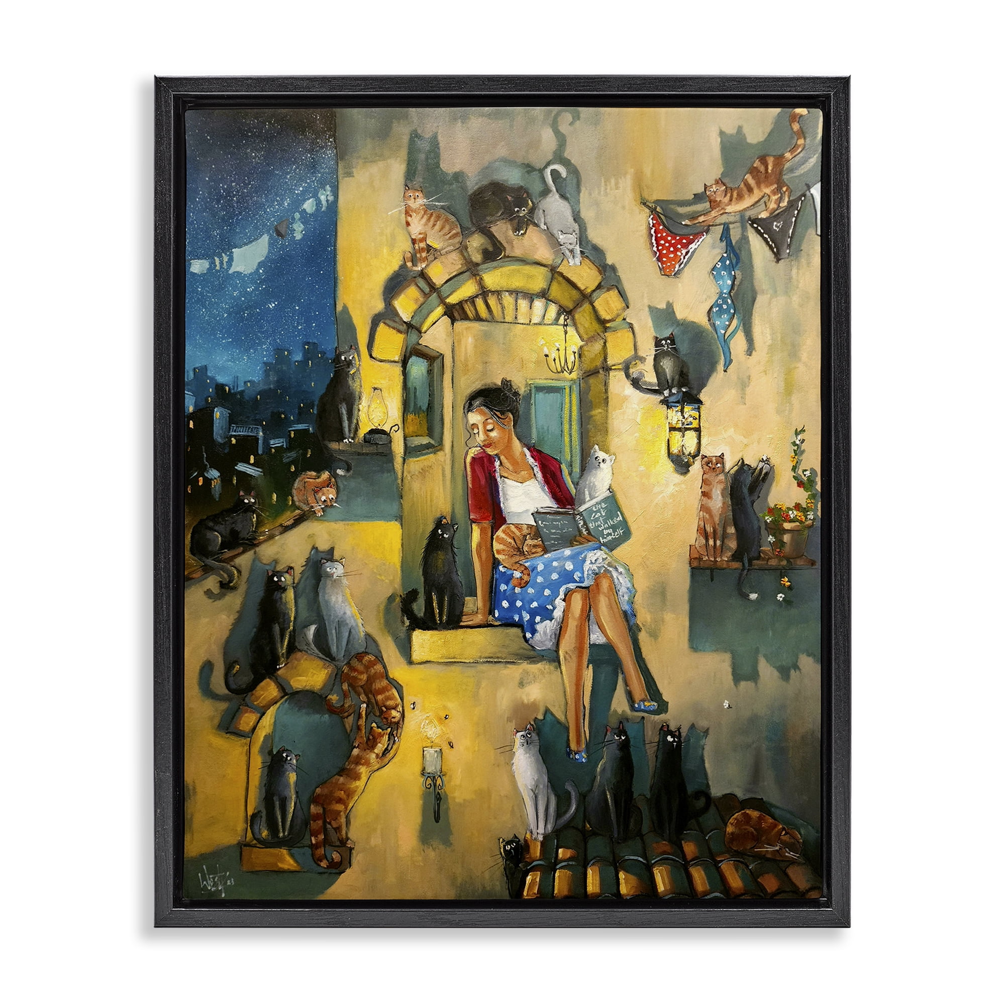 Stupell Industries Window Scene with Cats Town & City Painting Black Floater Framed Canvas Art Print Wall Art, 25 x 31