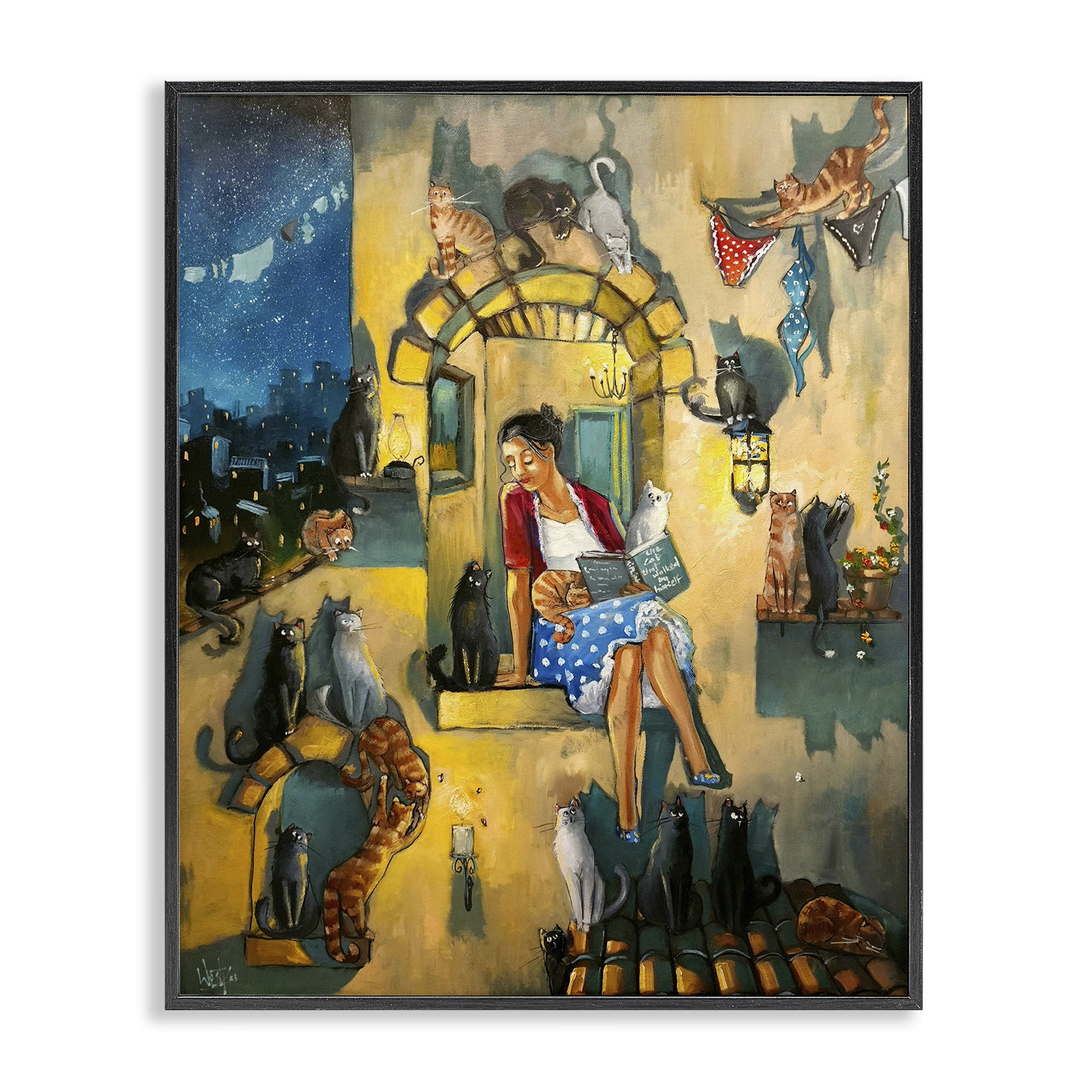 Stupell Industries Window Scene with Cats Town & City Painting Black Framed Art Print Wall Art, 16 x 20
