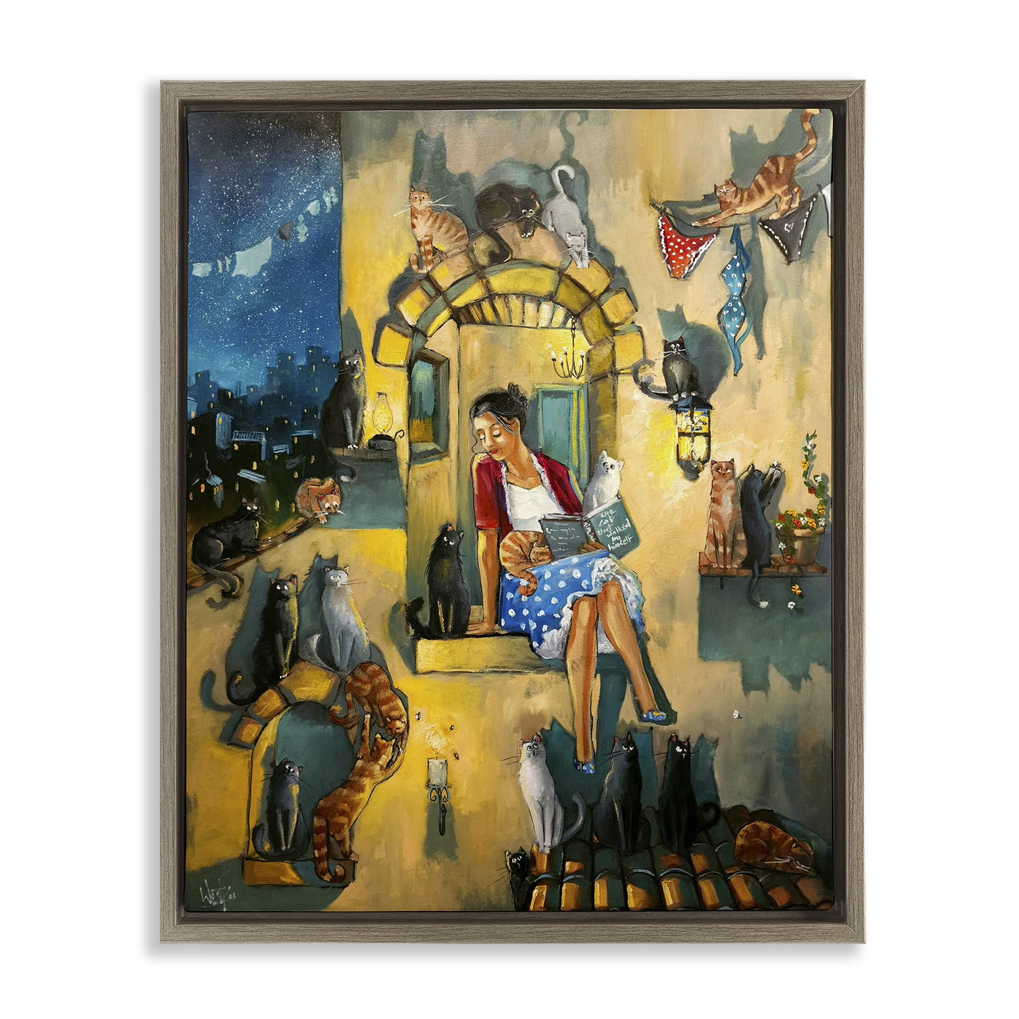 Stupell Industries Window Scene with Cats Town & City Painting Brown Floater Framed Canvas Art Print Wall Art, 17 x 21