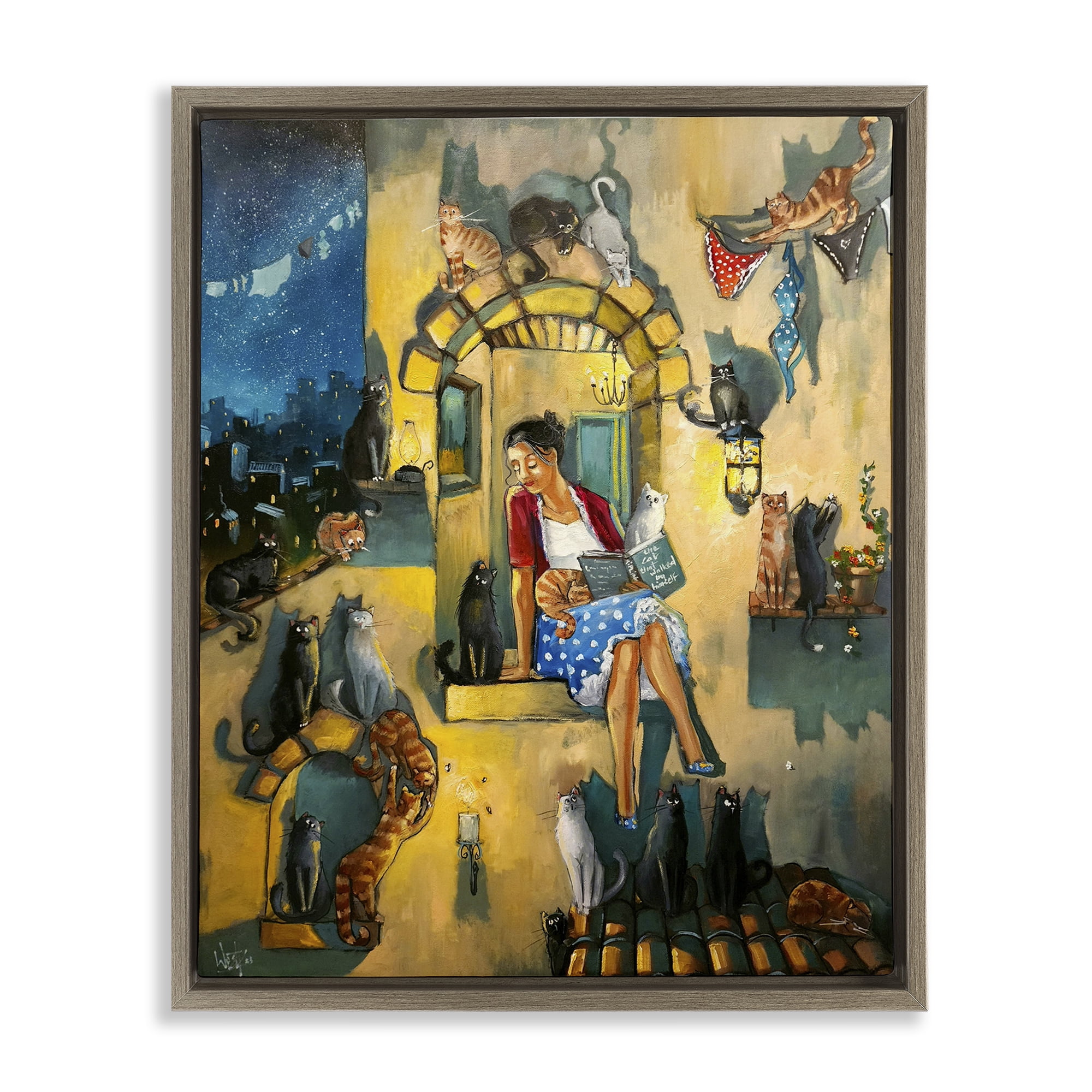 Stupell Industries Window Scene with Cats Town & City Painting Brown Floater Framed Canvas Art Print Wall Art, 25 x 31