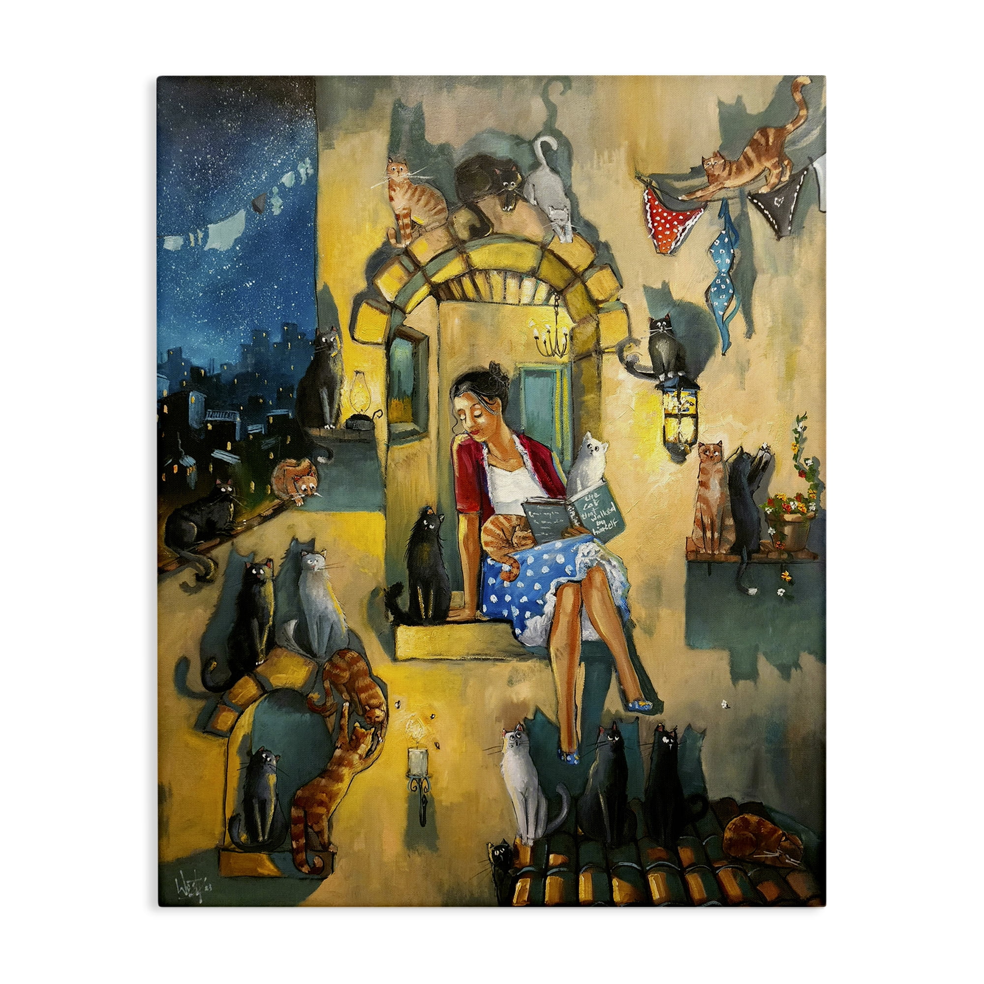 Stupell Industries Window Scene with Cats Town & City Painting Gallery Wrapped Canvas Art Print Wall Art, 16 x 20