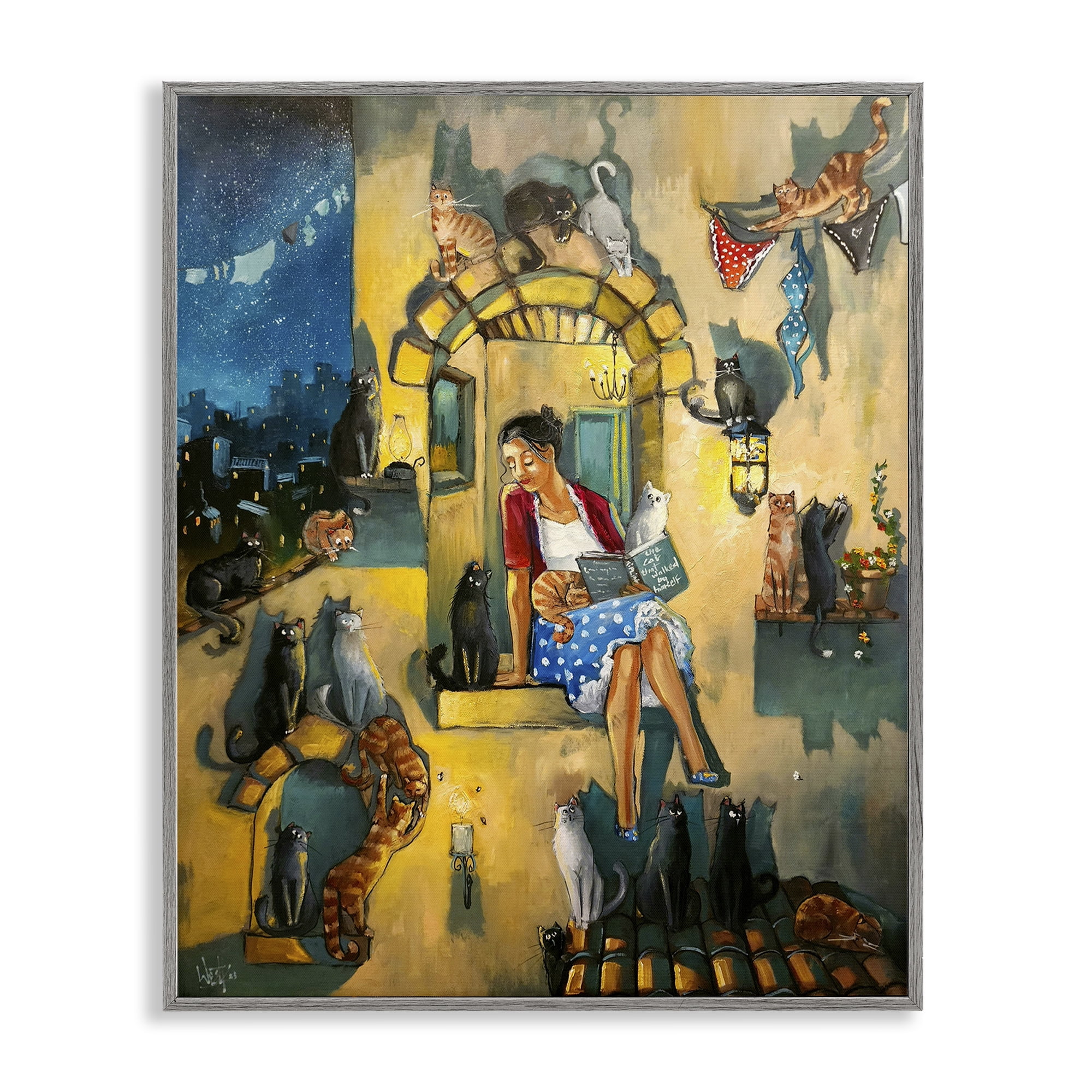 Stupell Industries Window Scene with Cats Town & City Painting Gray Framed Art Print Wall Art, 16 x 20