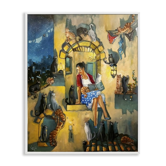 Stupell Industries Window Scene with Cats Town & City Painting White Framed Art Print Wall Art, 11 x 14