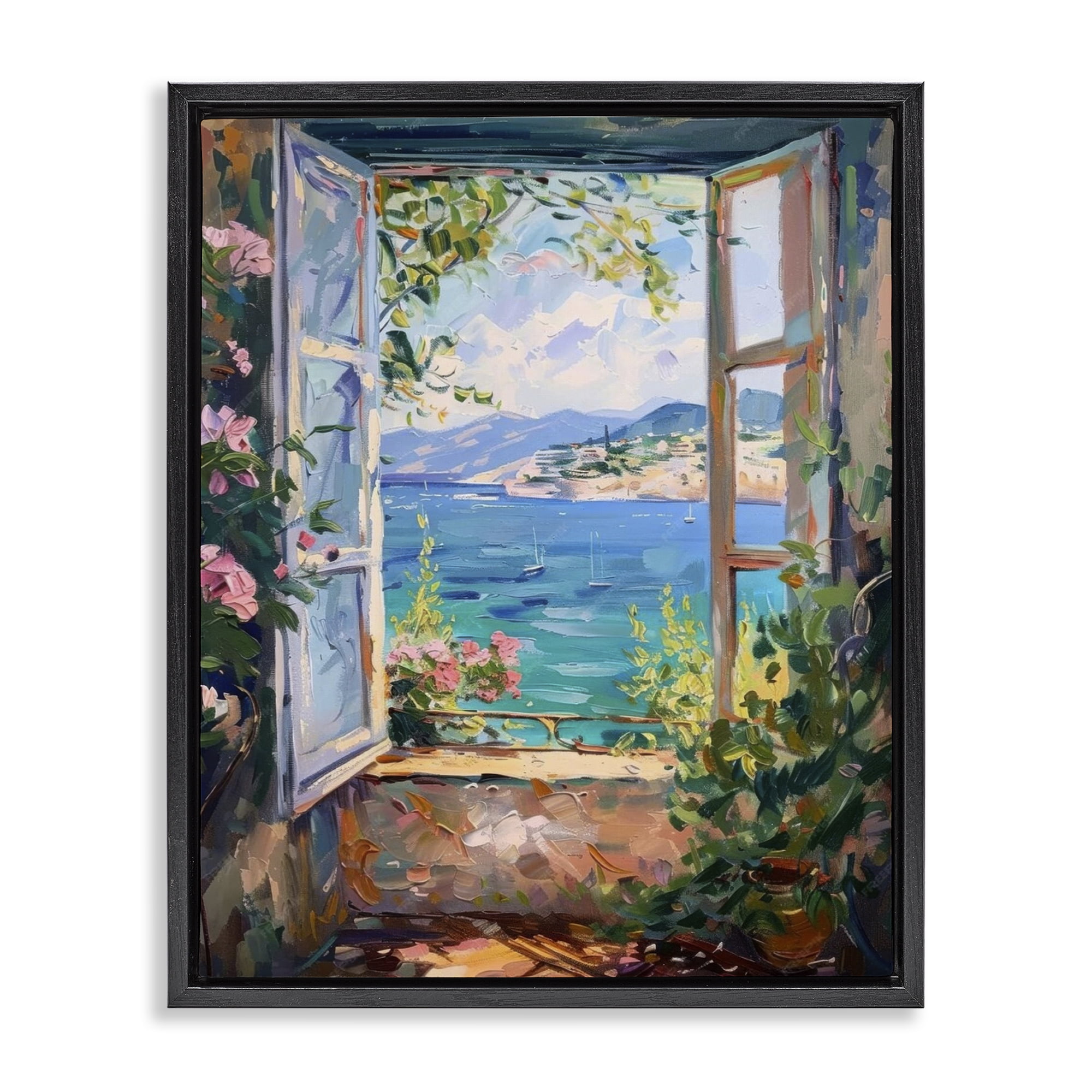 Stupell Industries Window Sea View Landscape & Nature Painting Black Floater Framed Canvas Art Print Wall Art, 17 x 21