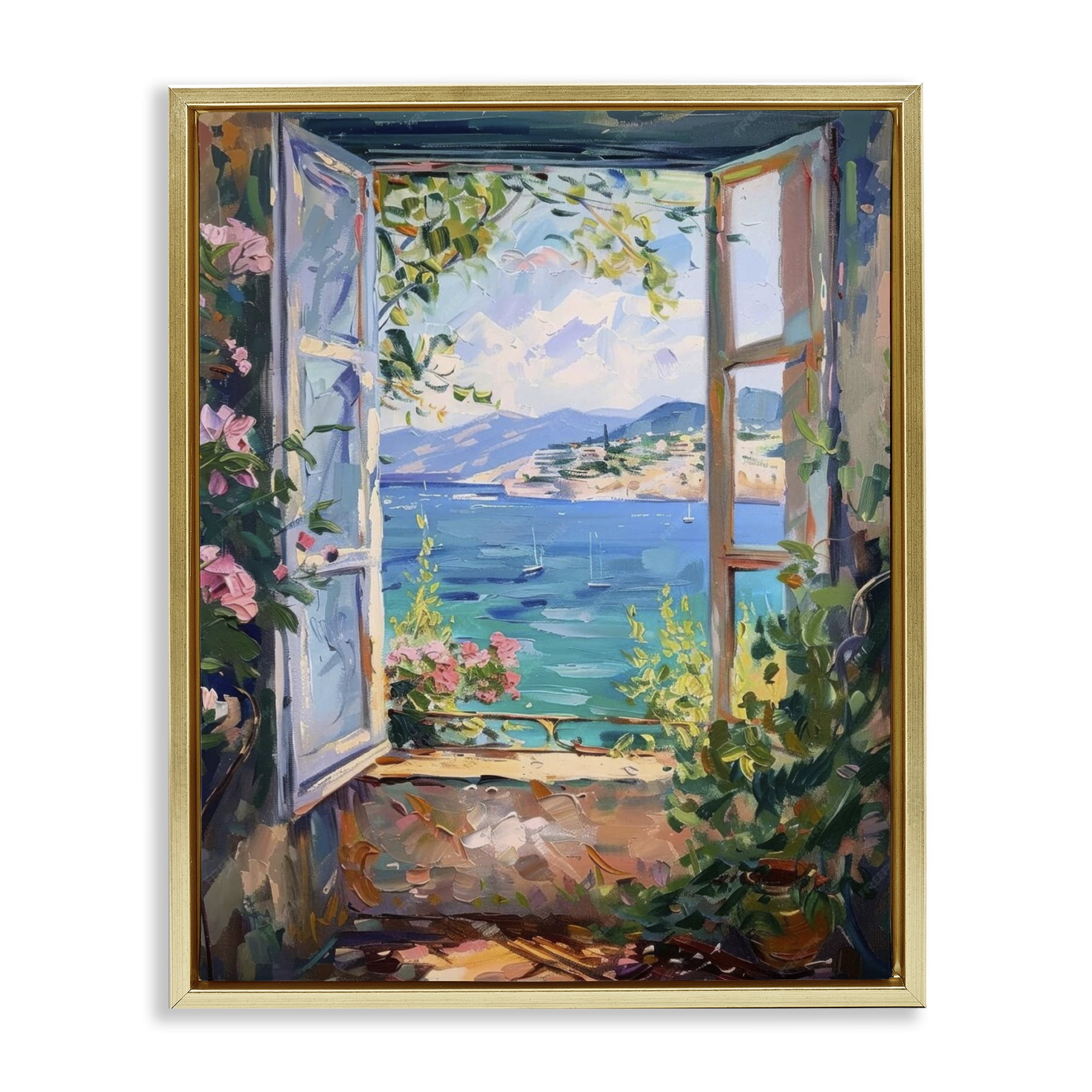 Stupell Industries Window Sea View Landscape & Nature Painting Gold Floater Framed Canvas Art Print Wall Art, 25 x 31
