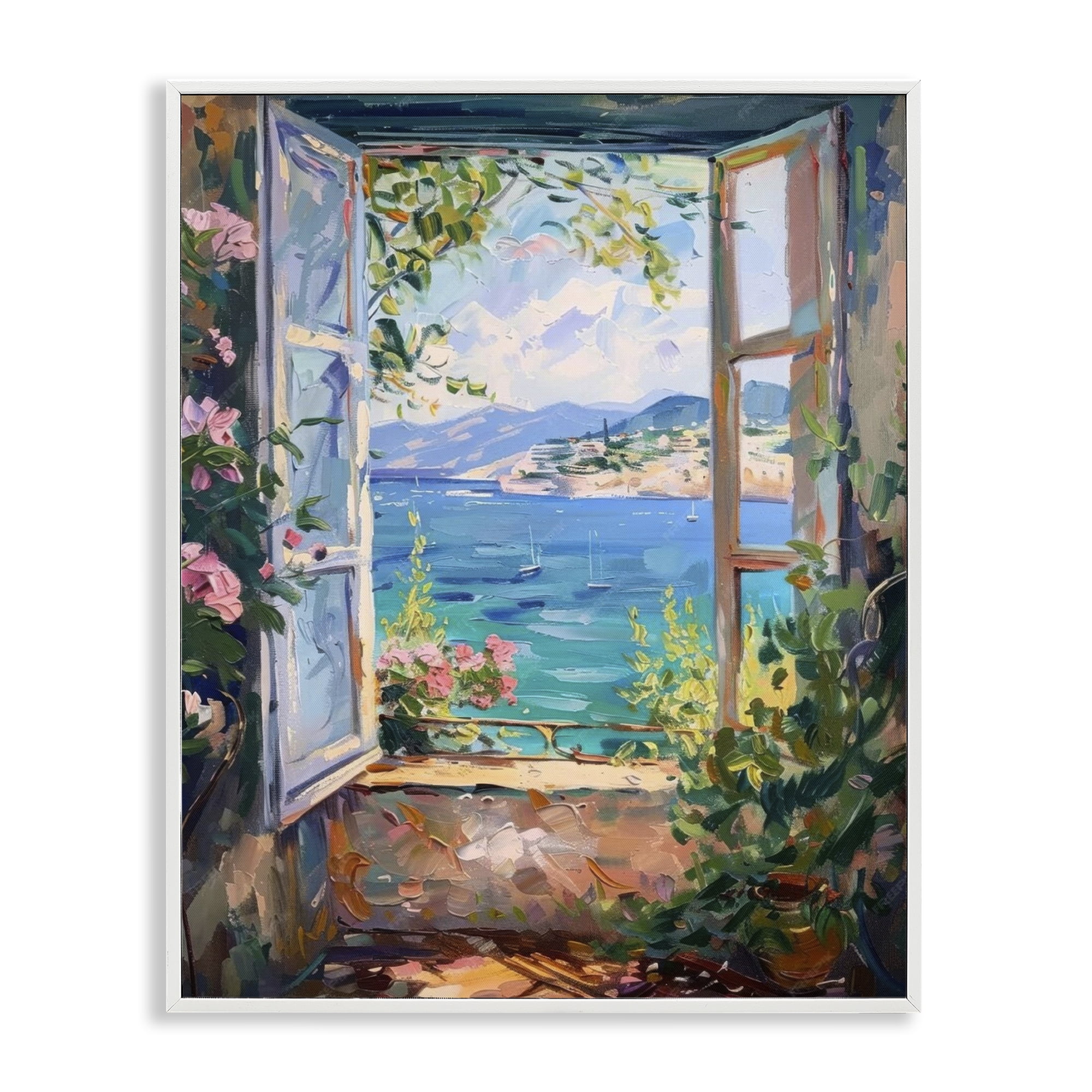 Stupell Industries Window Sea View Landscape & Nature Painting White Framed Art Print Wall Art, 11 x 14