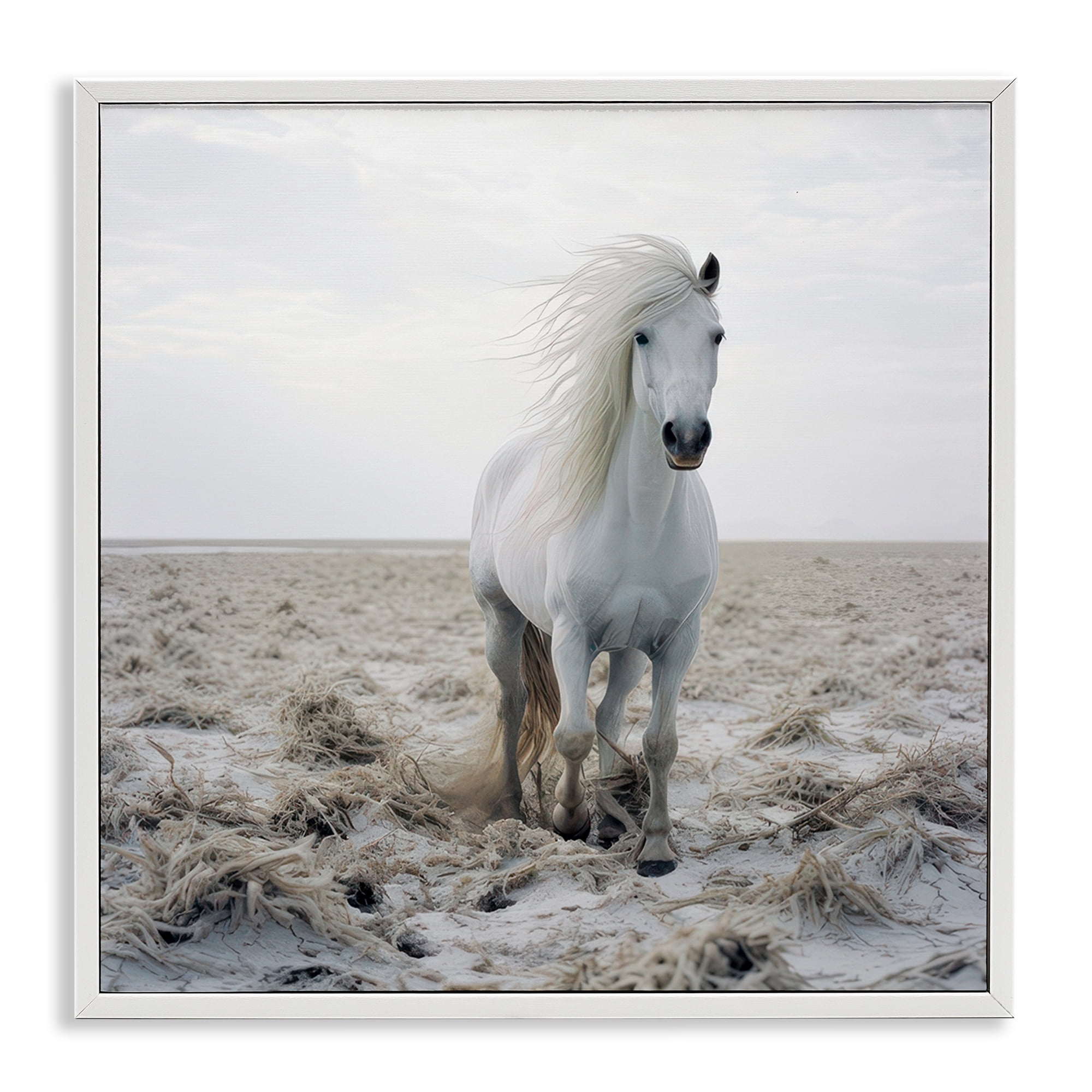 Stupell Industries Windswept Beach Horse Animals Photography White Framed Art Print Wall Art, 24 x 24