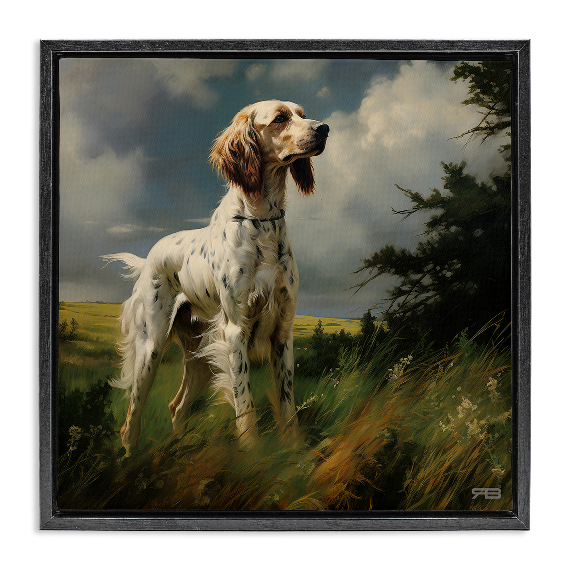 Stupell Industries Windswept Country Dog Landscape Painting Black Floater Framed Canvas Art Print Wall Art, 18 x 18