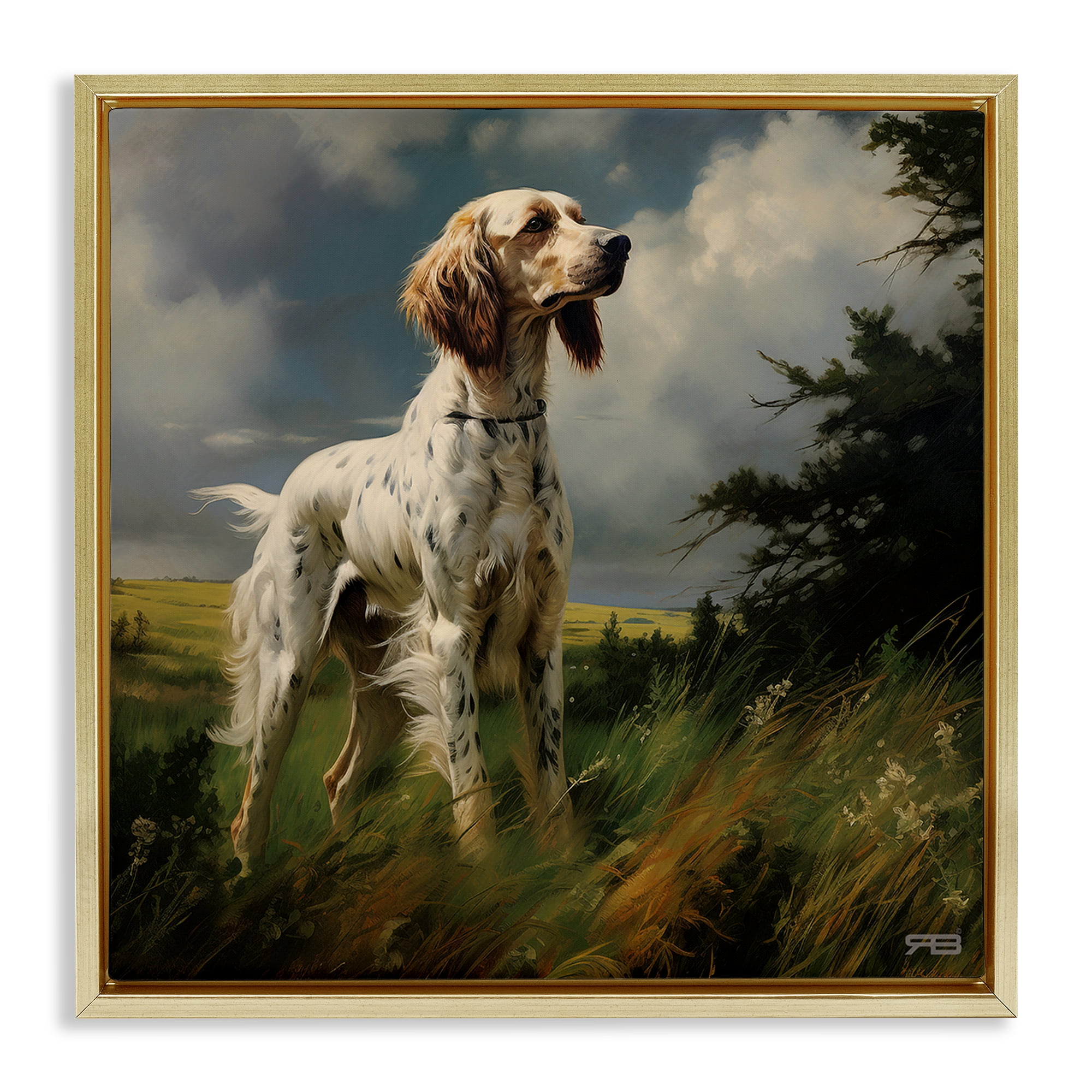 Stupell Industries Windswept Country Dog Landscape Painting Gold Floater Framed Canvas Art Print Wall Art, 25 x 25
