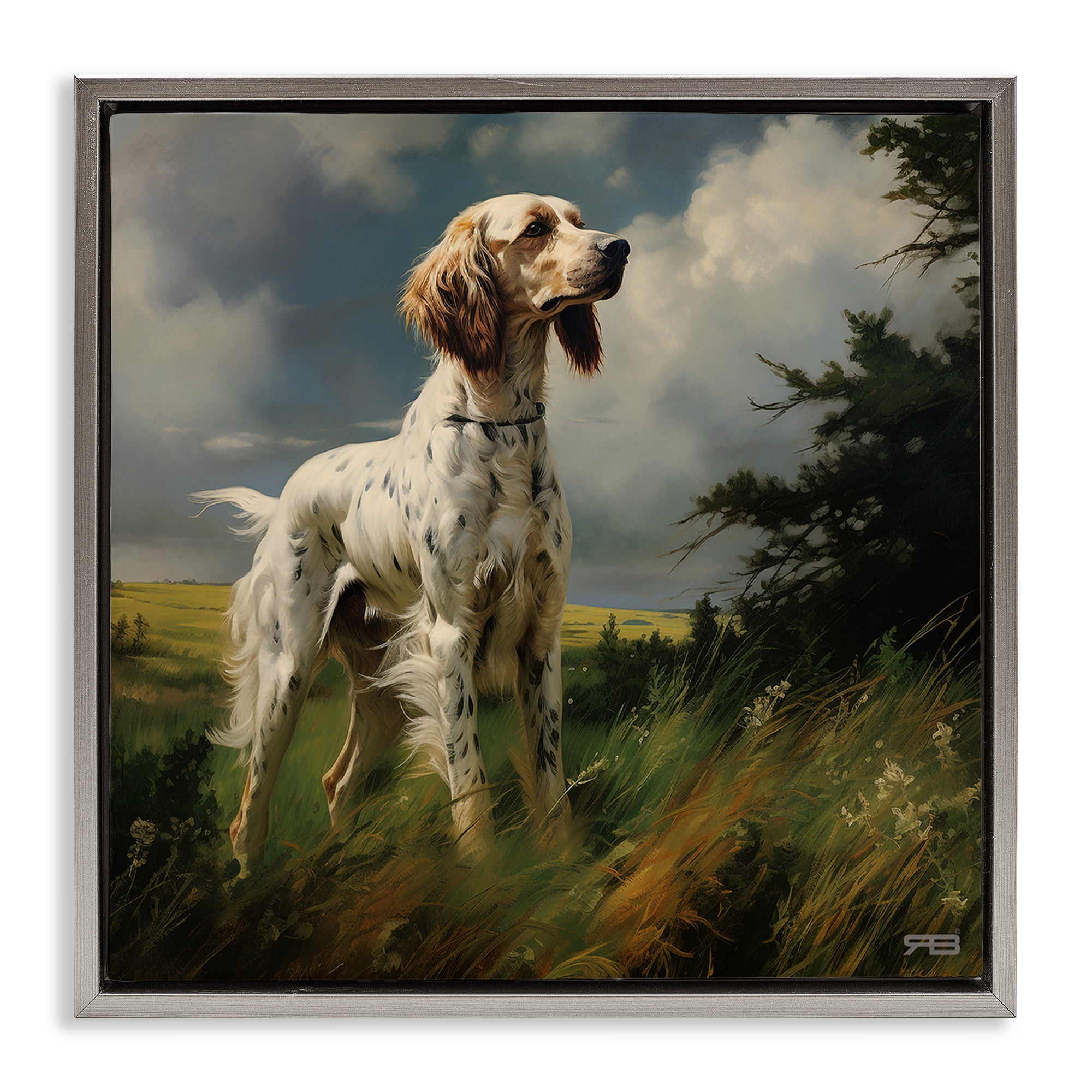 Stupell Industries Windswept Country Dog Landscape Painting Gray Floater Framed Canvas Art Print Wall Art, 18 x 18