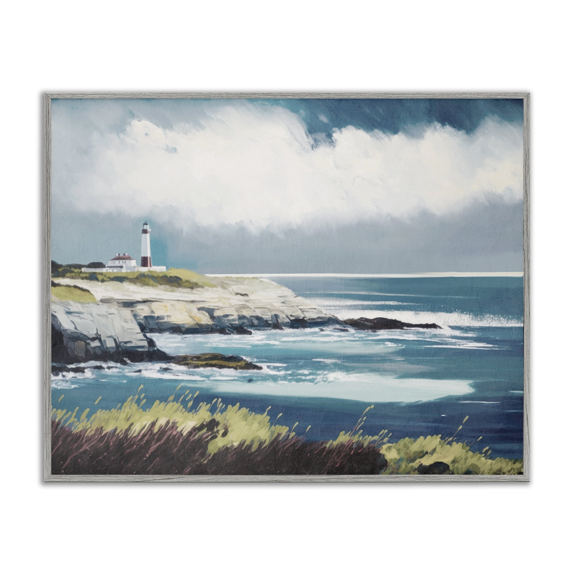 Stupell Industries Windswept Lighthouse Grasses Nautical & Beach Painting Gray Framed Art Print Wall Art, 20 x 16