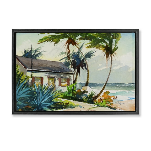 Stupell Industries Windswept Palms Cottage Landscape & Nature Painting Black Floater Framed Canvas Art Print Wall Art, 25 x 17