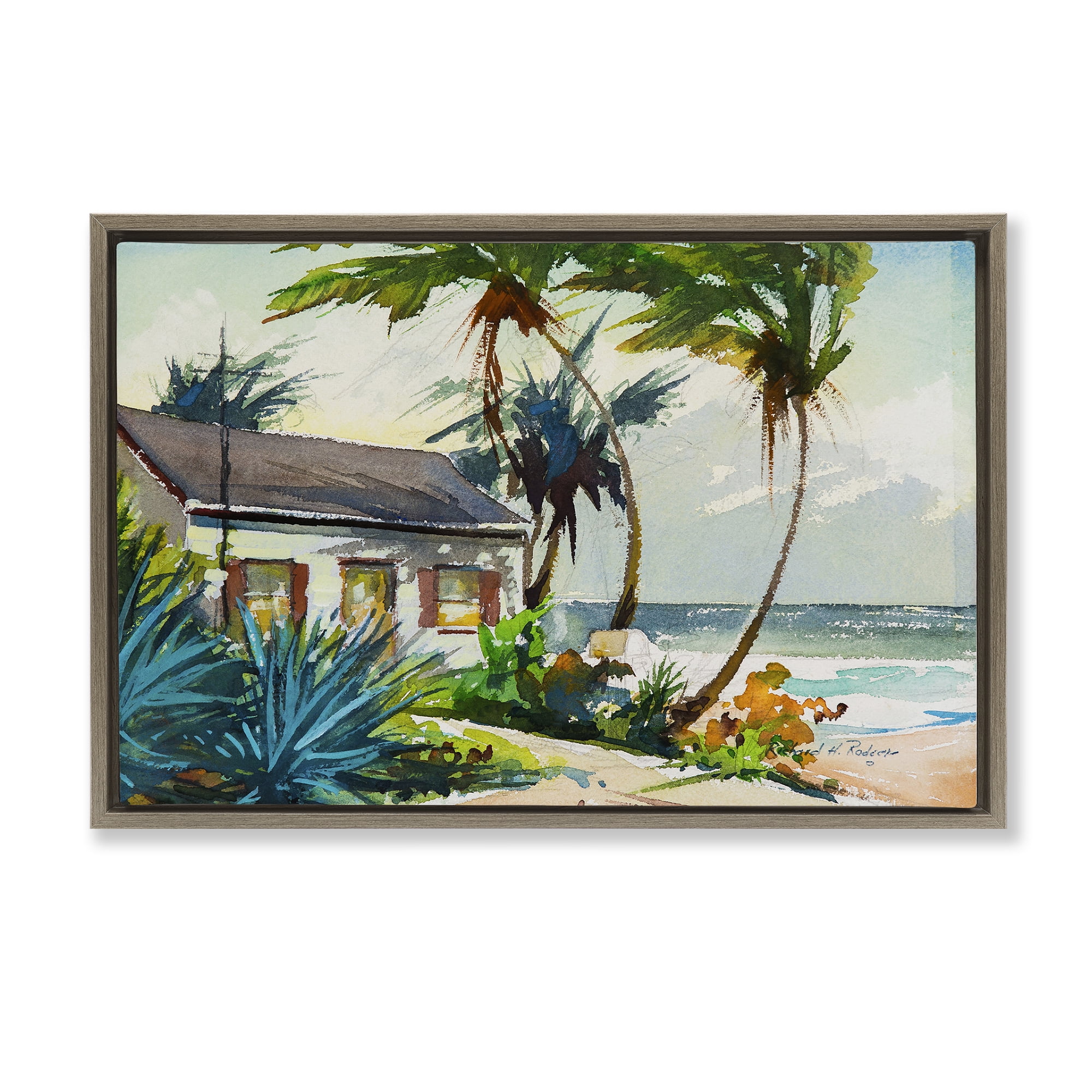 Stupell Industries Windswept Palms Cottage Landscape & Nature Painting Brown Floater Framed Canvas Art Print Wall Art, 25 x 17