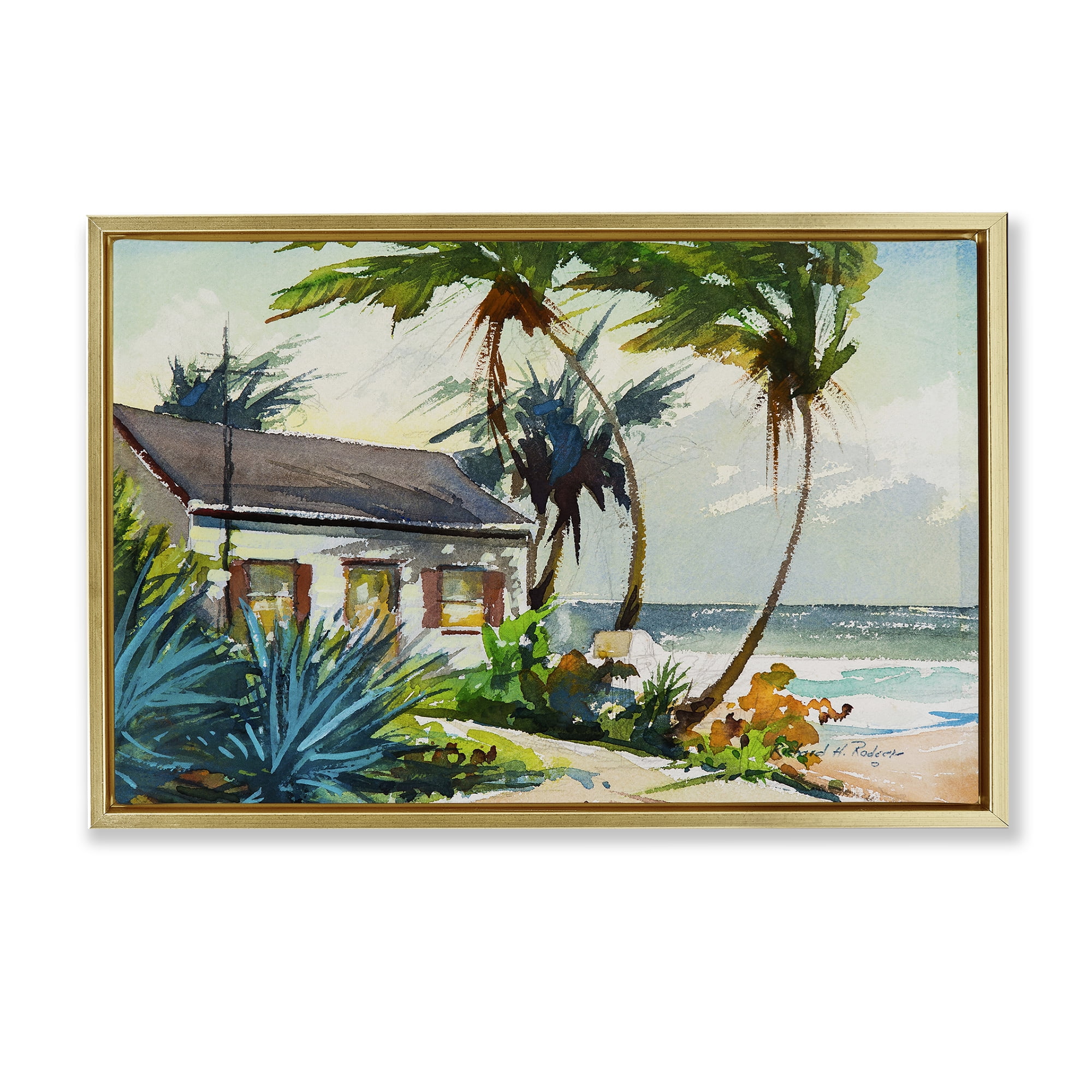 Stupell Industries Windswept Palms Cottage Landscape & Nature Painting Gold Floater Framed Canvas Art Print Wall Art, 31 x 21