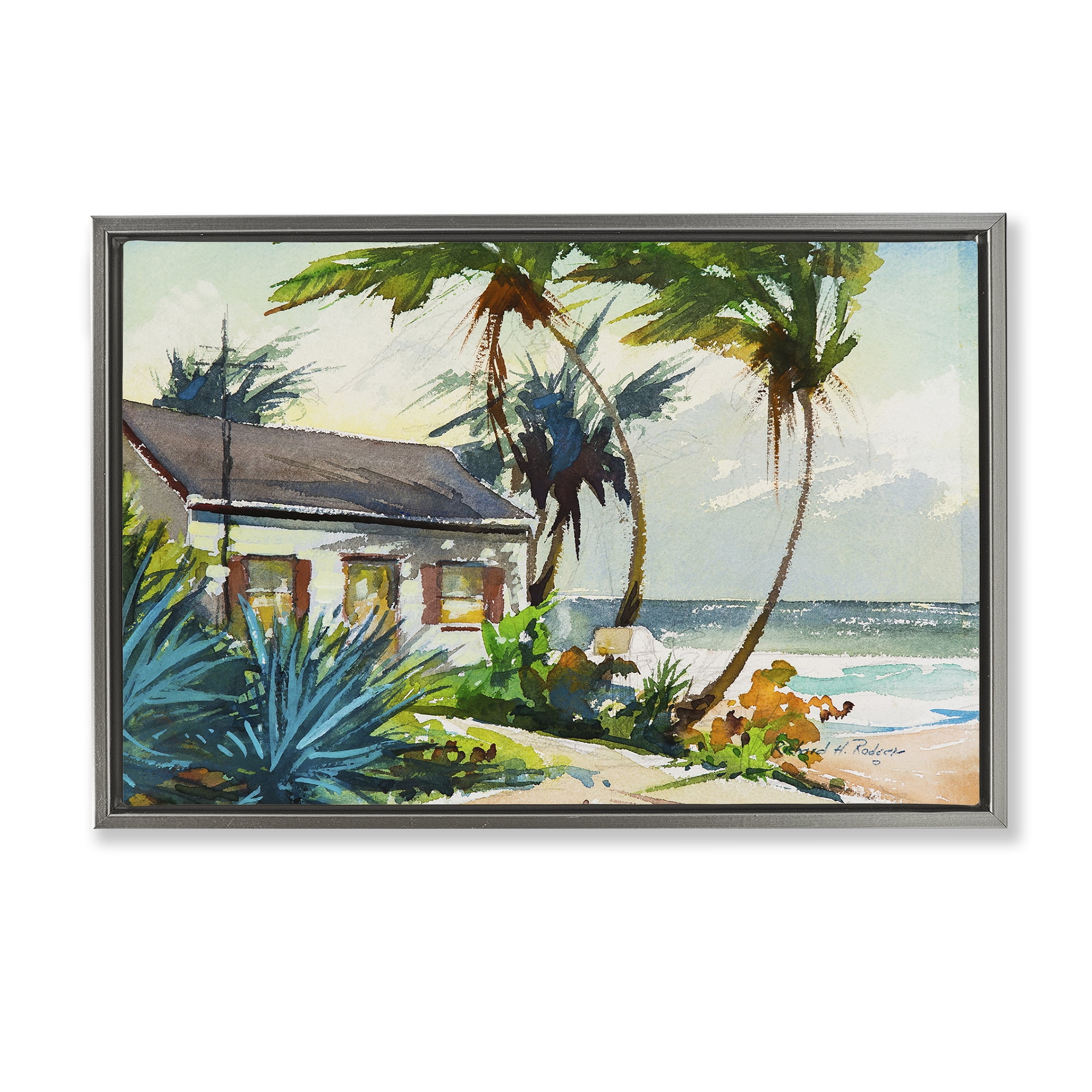 Stupell Industries Windswept Palms Cottage Landscape & Nature Painting Gray Floater Framed Canvas Art Print Wall Art, 31 x 21
