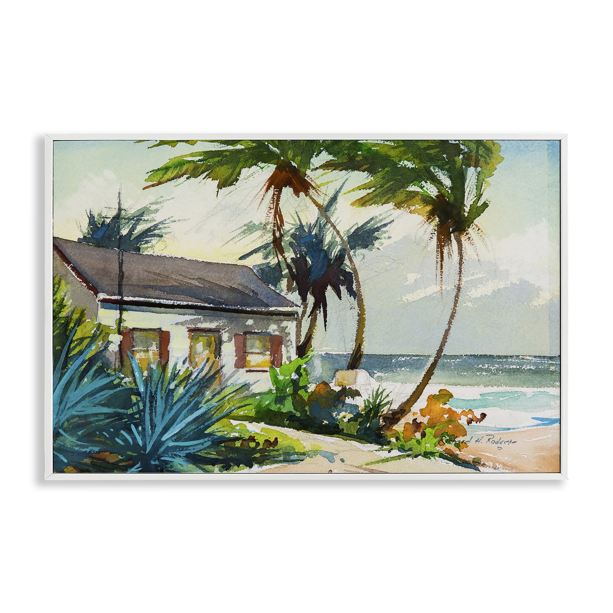 Stupell Industries Windswept Palms Cottage Landscape & Nature Painting White Framed Art Print Wall Art, 30 x 20