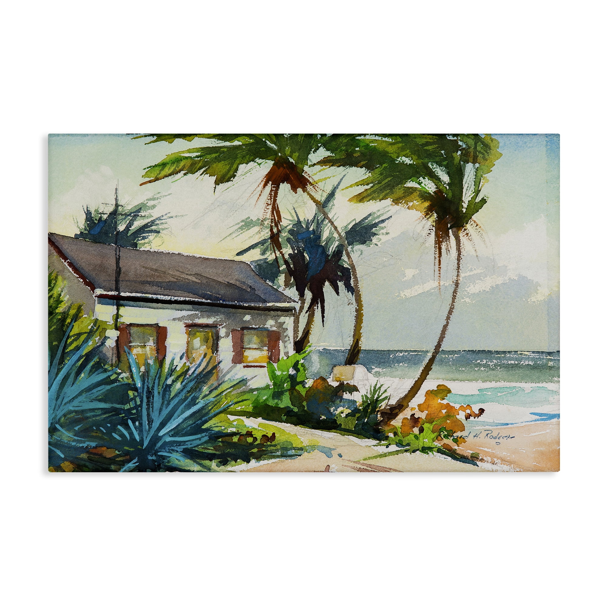 Stupell Industries Windswept Palms Cottage Landscape & Nature Painting Wrapped Canvas Art Print Wall Art, 36 x 24