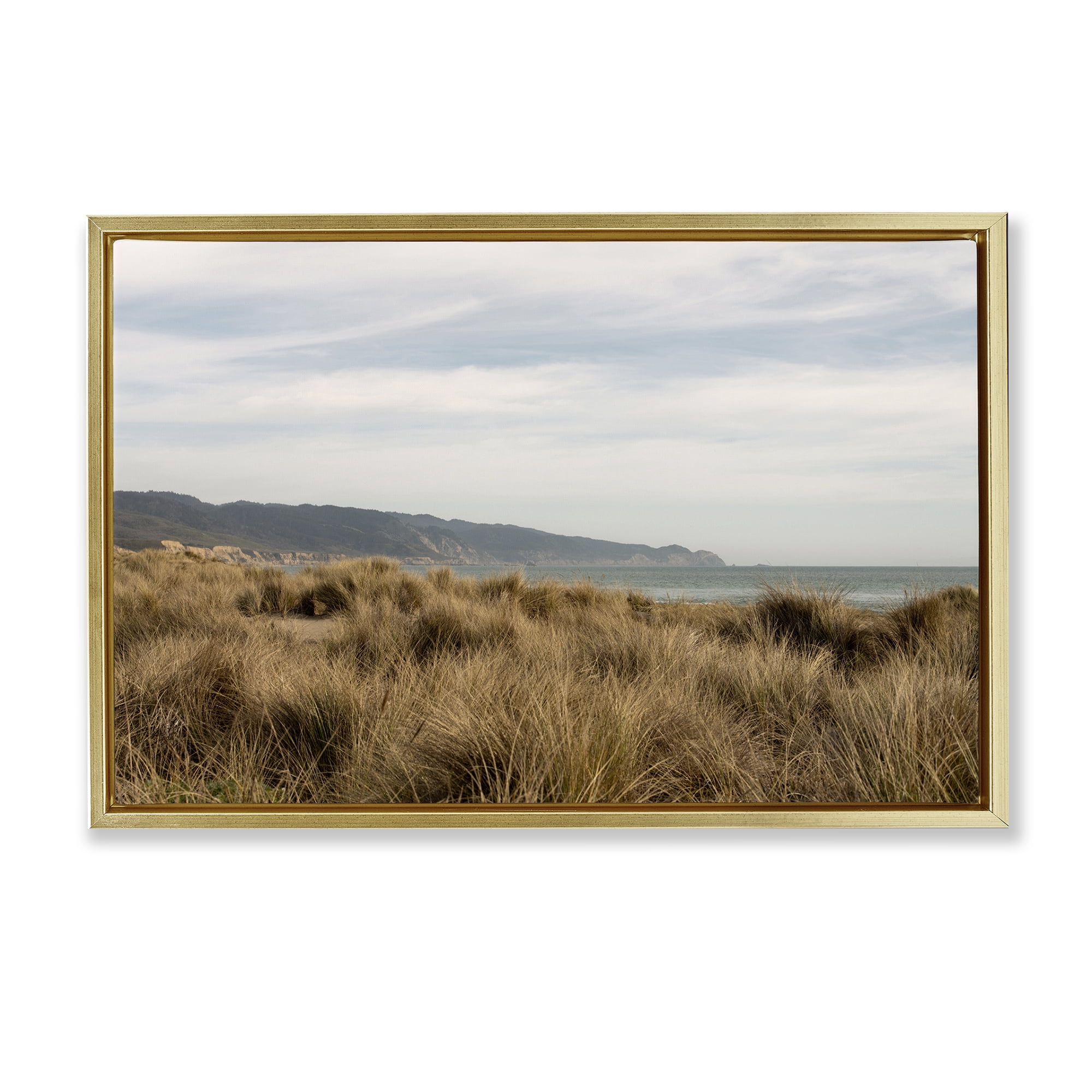Stupell Industries Windy Grass Dunes View Landscape & Nature Photography Gold Floater Framed Canvas Art Print Wall Art, 25 x 17