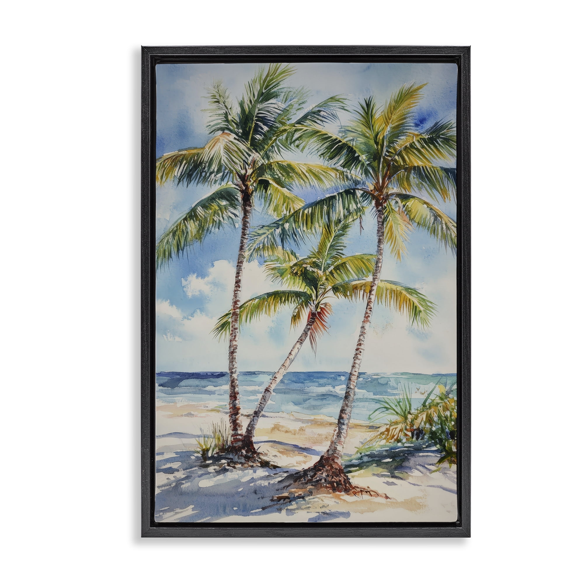 Stupell Industries Windy Palm Trees on Shore Black Framed Floater Canvas Wall Art, design by Petal Prints Design