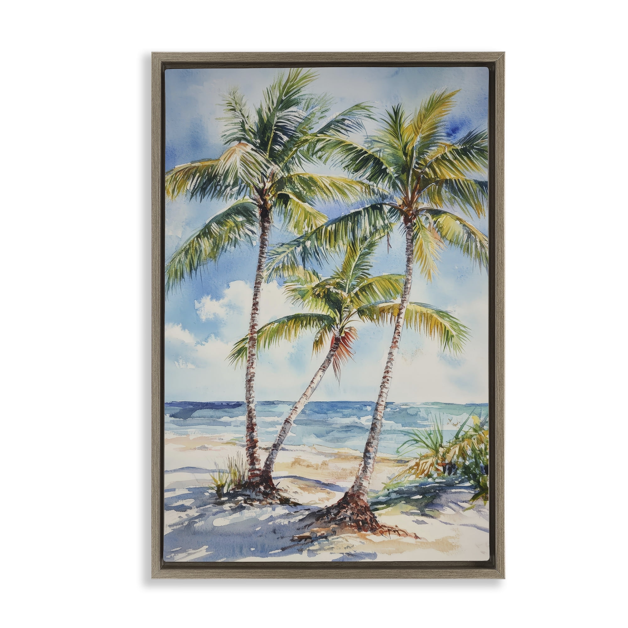 Stupell Industries Windy Palm Trees on Shore Brown Framed Floater Canvas Wall Art, design by Petal Prints Design