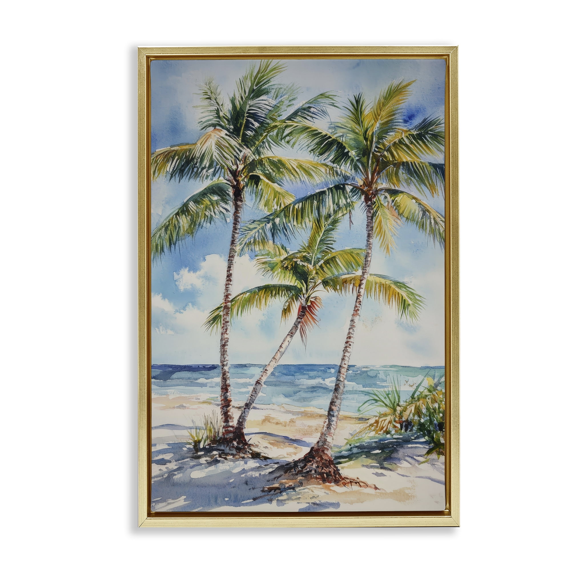 Stupell Industries Windy Palm Trees on Shore Gold Framed Floater Canvas Wall Art, design by Petal Prints Design