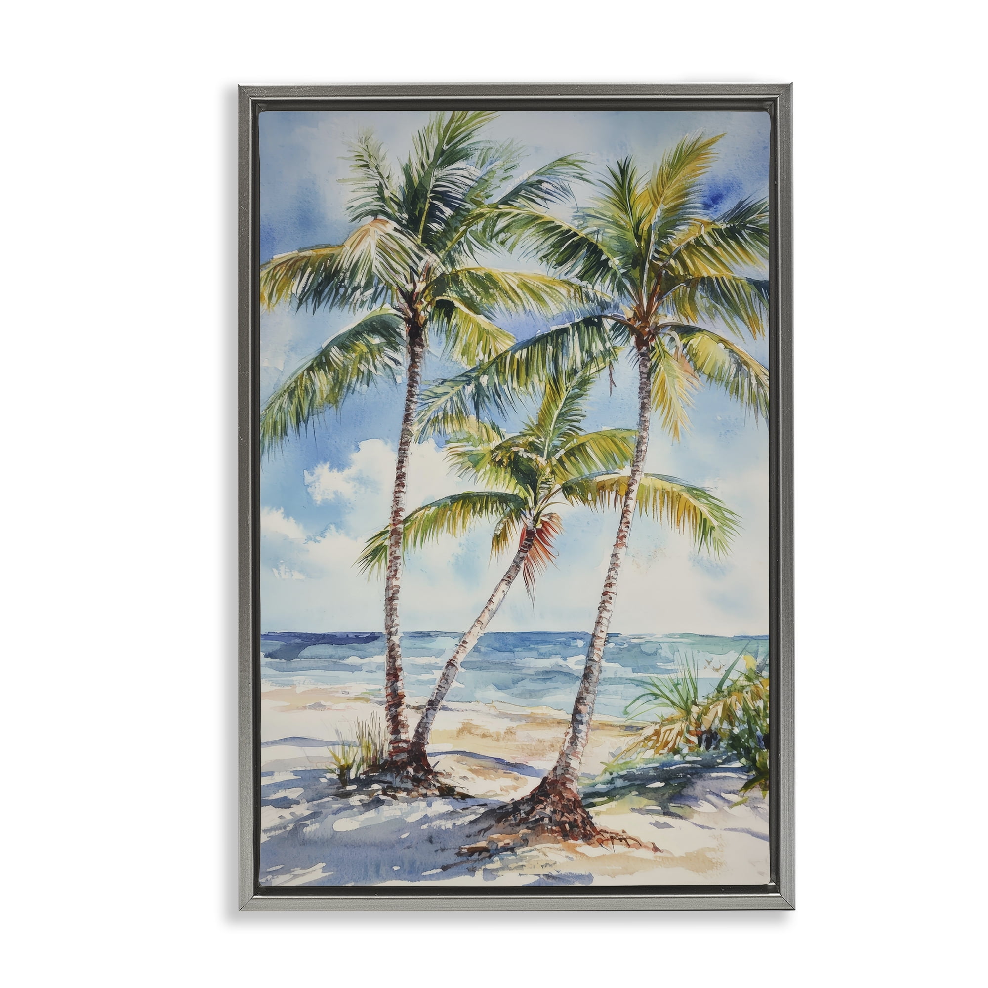 Stupell Industries Windy Palm Trees on Shore Gray Framed Floater Canvas Wall Art, design by Petal Prints Design