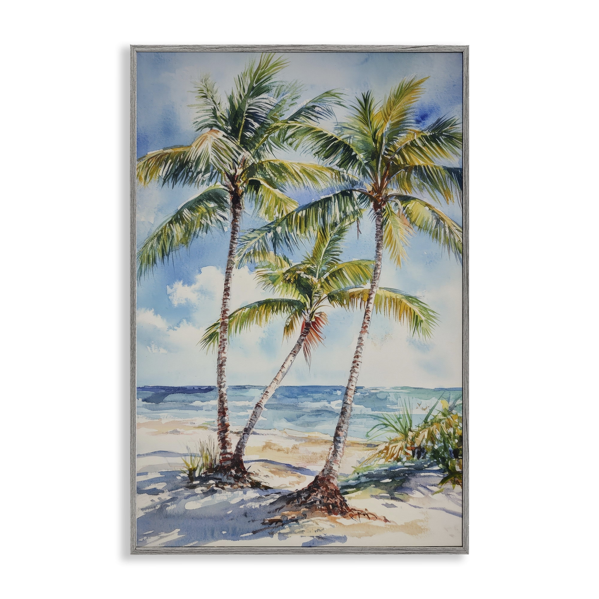 Stupell Industries Windy Palm Trees on Shore Gray Framed Giclee Art, design by Petal Prints Design