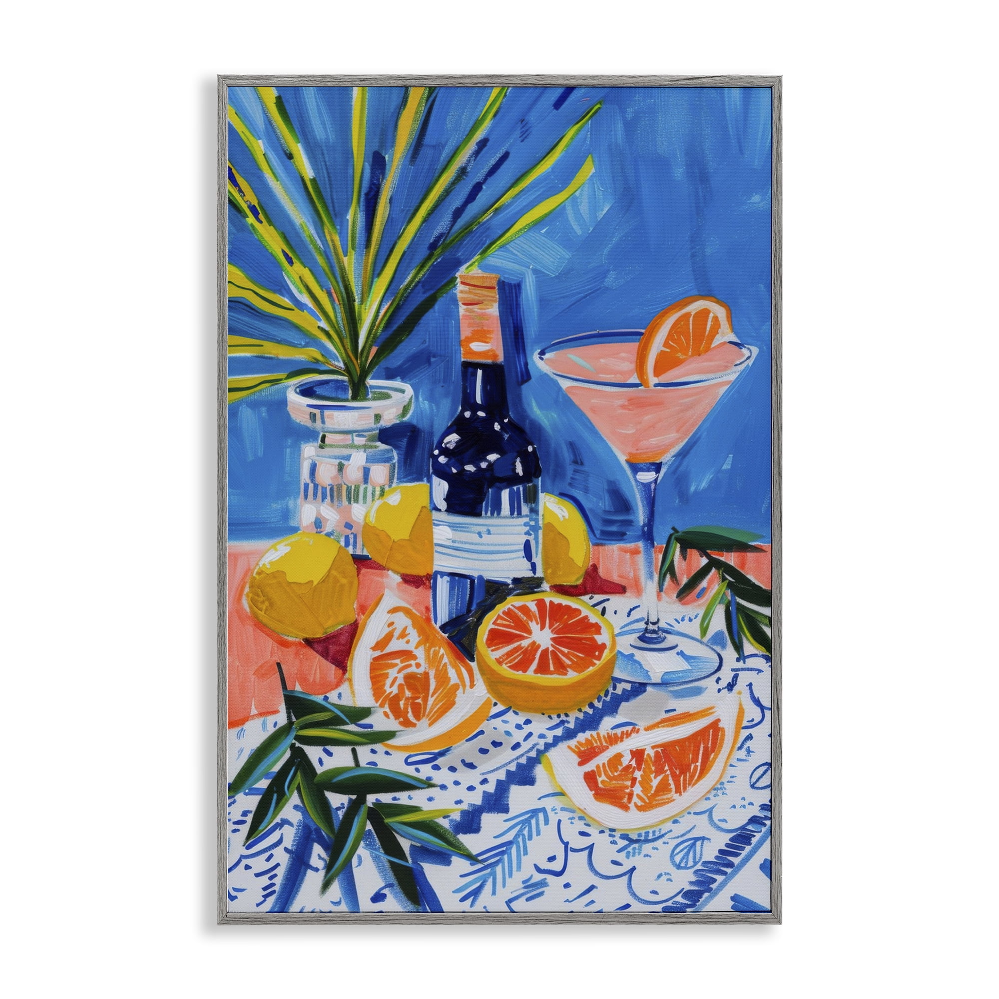 Stupell Industries Wine Bottle & Citrus Food & Beverage Painting Gray Framed Art Print Wall Art, 12 x 18