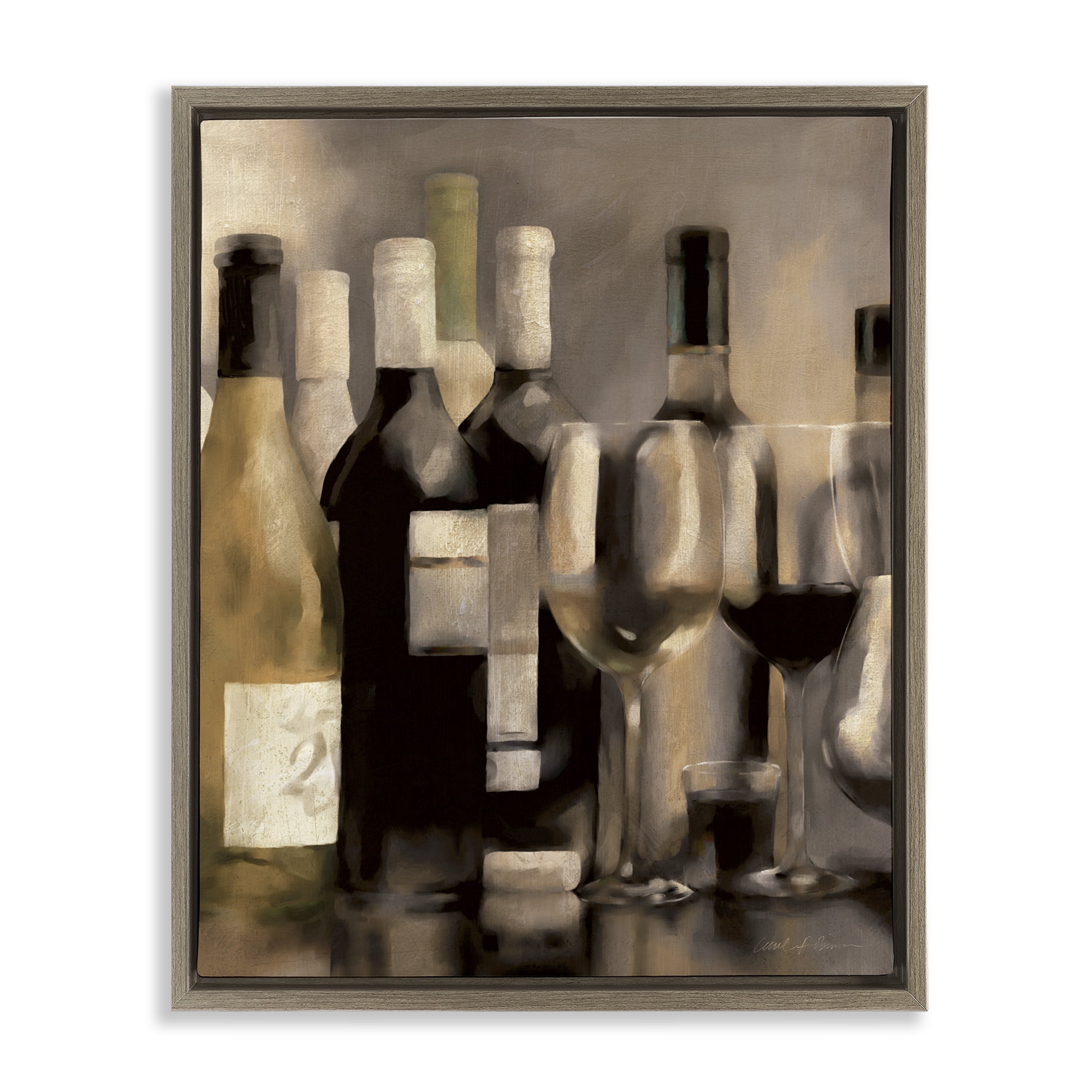 Stupell Industries Wine Bottles on Bar Food & Beverage Painting Brown Floater Framed Canvas Art Print Wall Art, 25 x 31