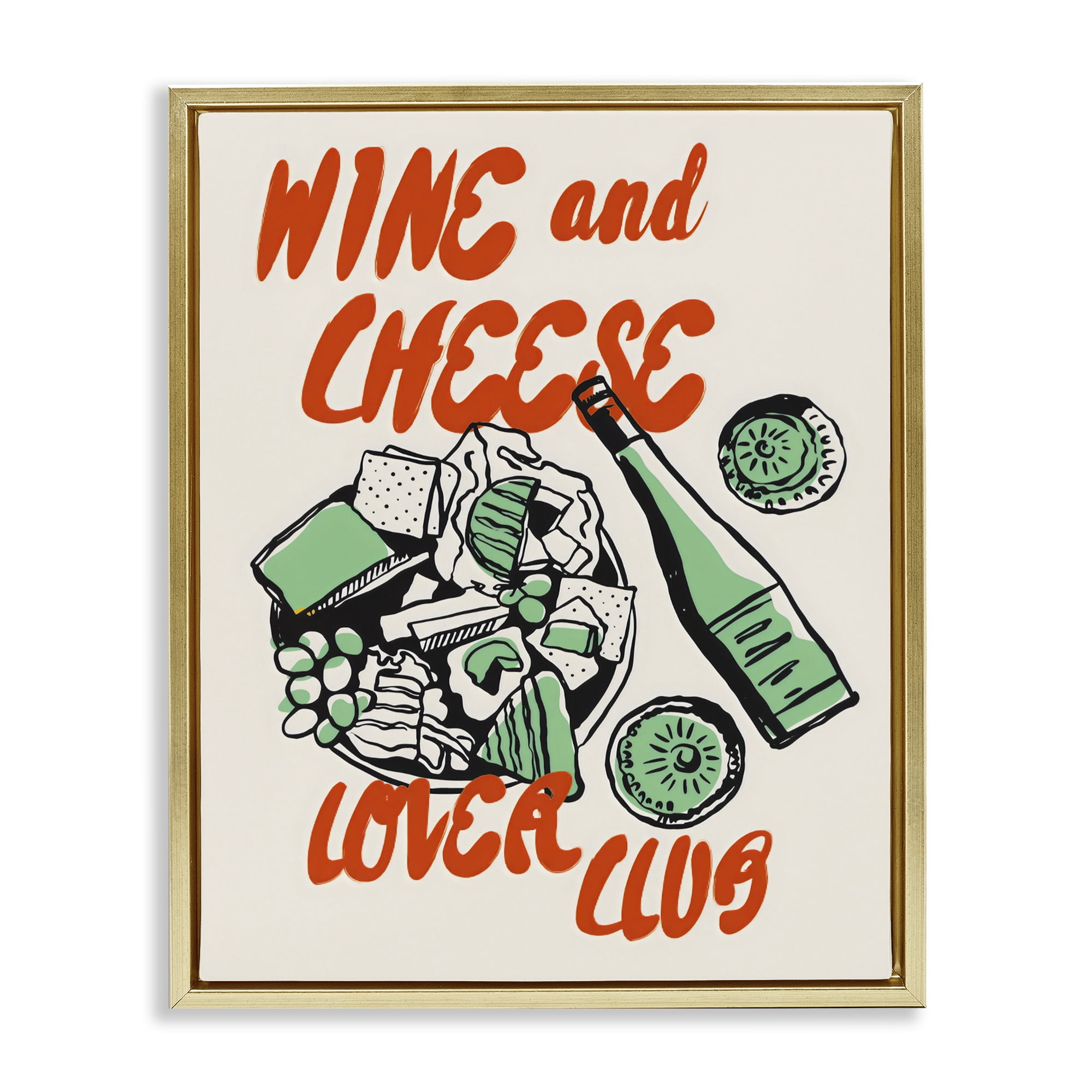 Stupell Industries Wine & Cheese Lover Club Gold Framed Floater Canvas Wall Art, design by The Prints Vibe