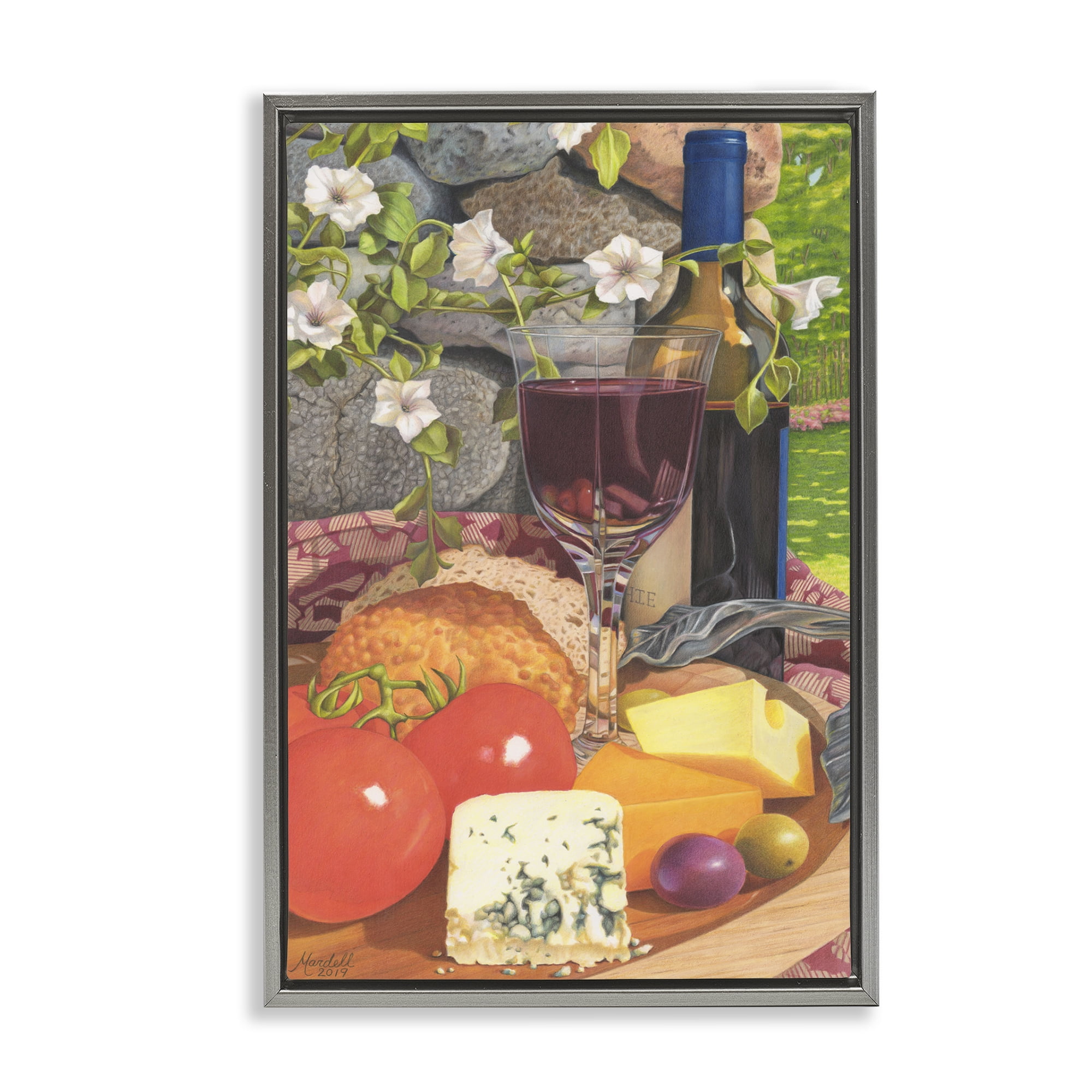 Stupell Industries Wine & Cheese Plate Food & Beverage Painting Gray Floater Framed Art Print Wall Art, 17 x 25