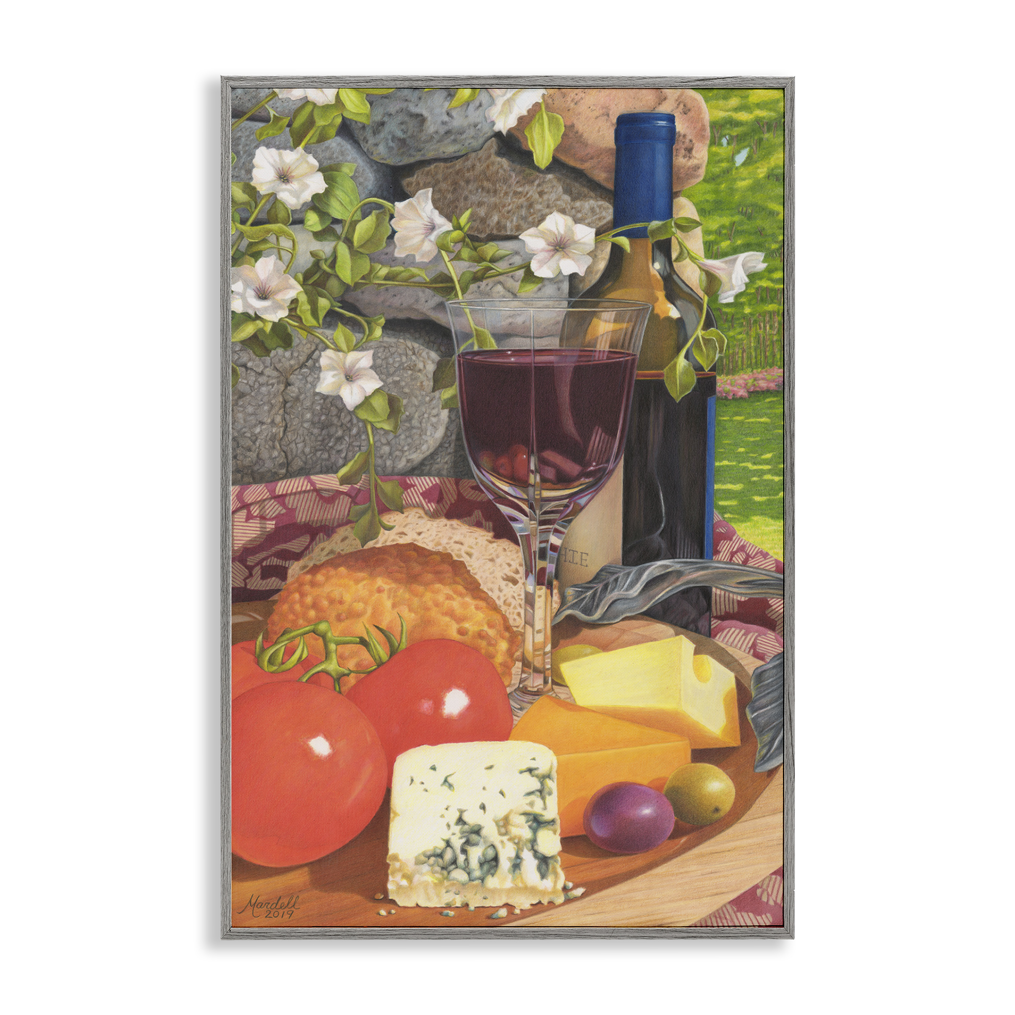 Stupell Industries Wine & Cheese Plate Food & Beverage Painting Gray Framed Art Print Wall Art, 12 x 18