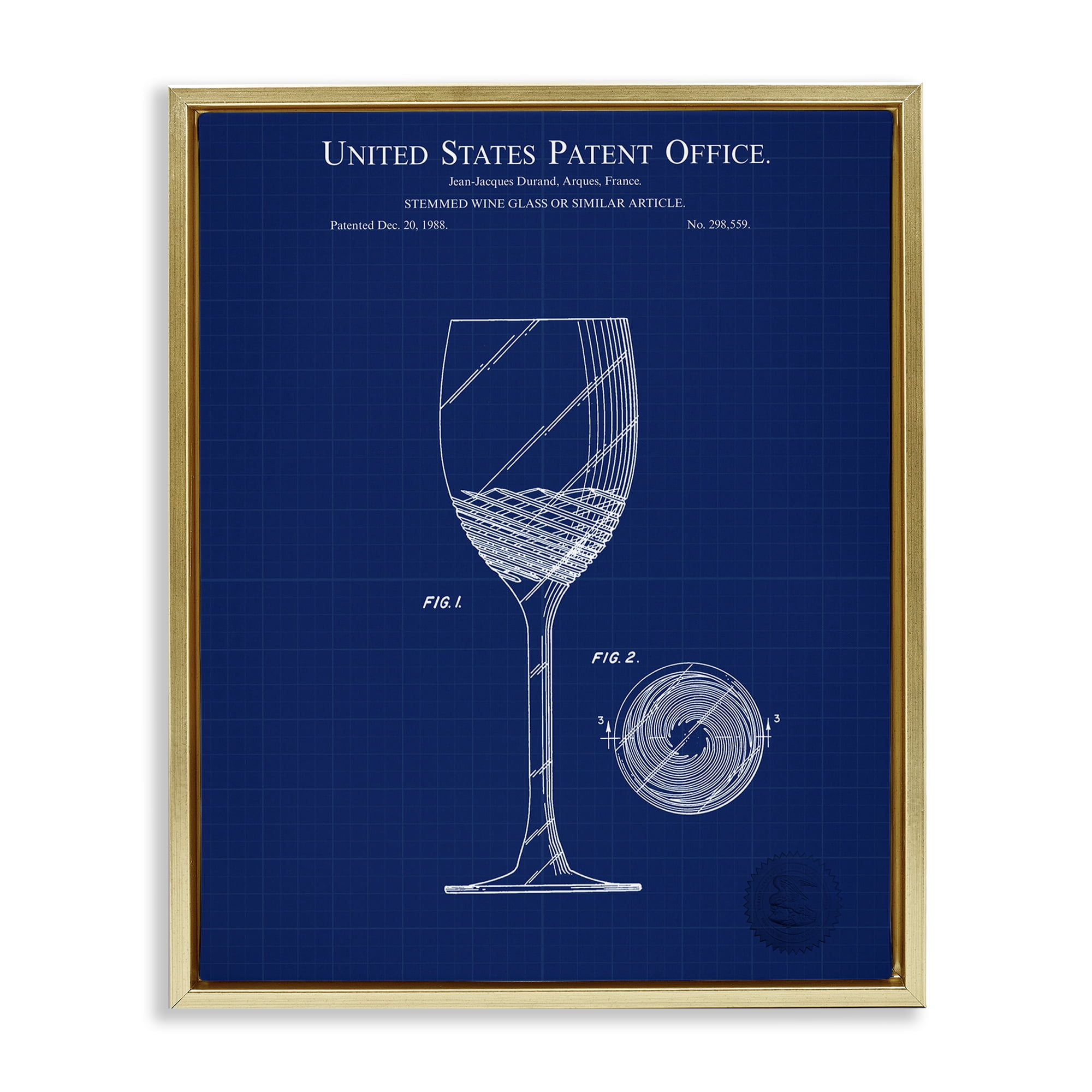 Stupell Industries Wine Glass Blueprint Typography Painting Gold Floater Framed Art Print Wall Art, 25 x 31
