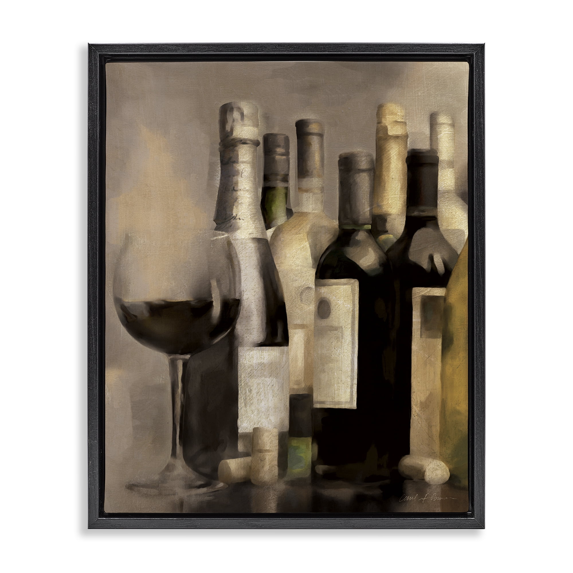 Stupell Industries Wine Glass with Bottles Food & Beverage Painting Black Floater Framed Canvas Art Print Wall Art, 25 x 31