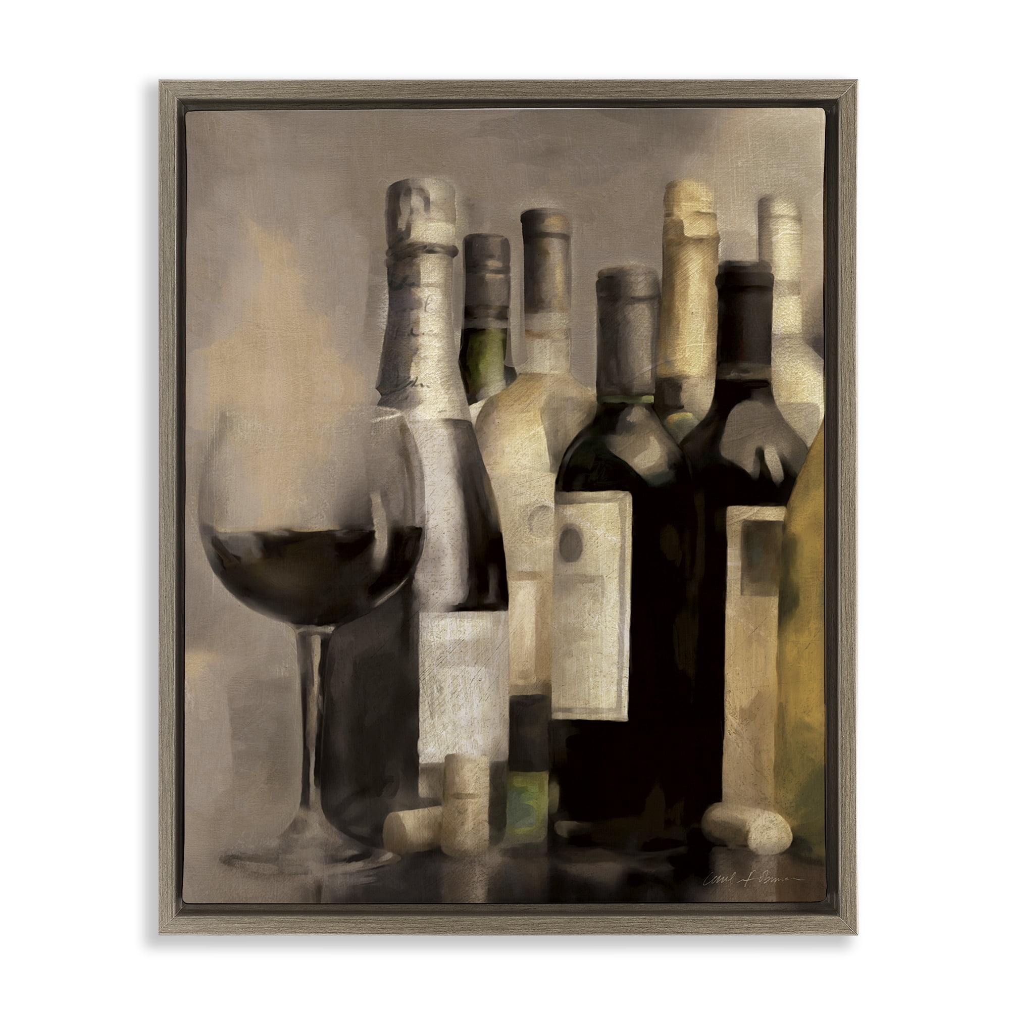 Stupell Industries Wine Glass with Bottles Food & Beverage Painting Brown Floater Framed Canvas Art Print Wall Art, 17 x 21