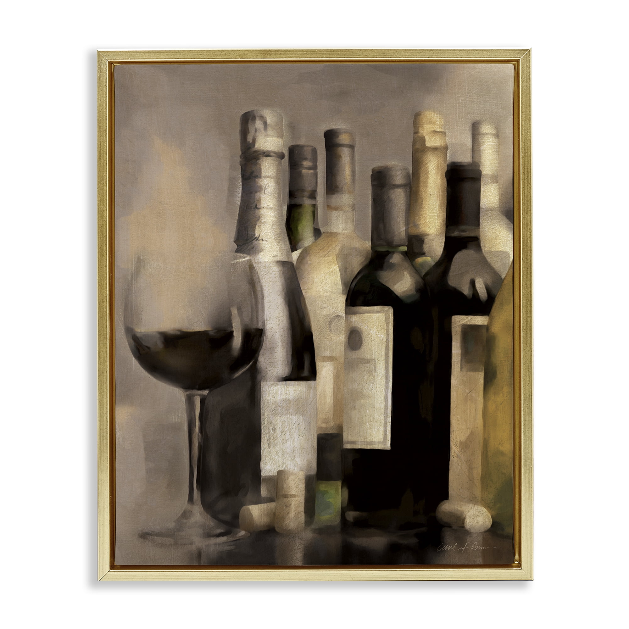 Stupell Industries Wine Glass with Bottles Food & Beverage Painting Gold Floater Framed Canvas Art Print Wall Art, 17 x 21