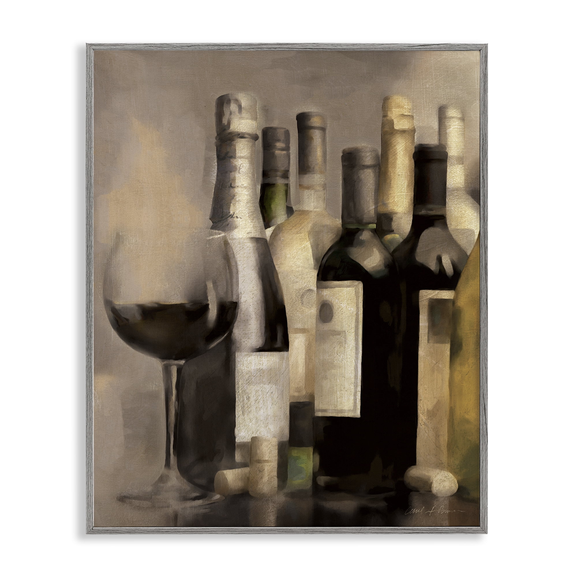 Stupell Industries Wine Glass with Bottles Food & Beverage Painting Gray Framed Art Print Wall Art, 16 x 20