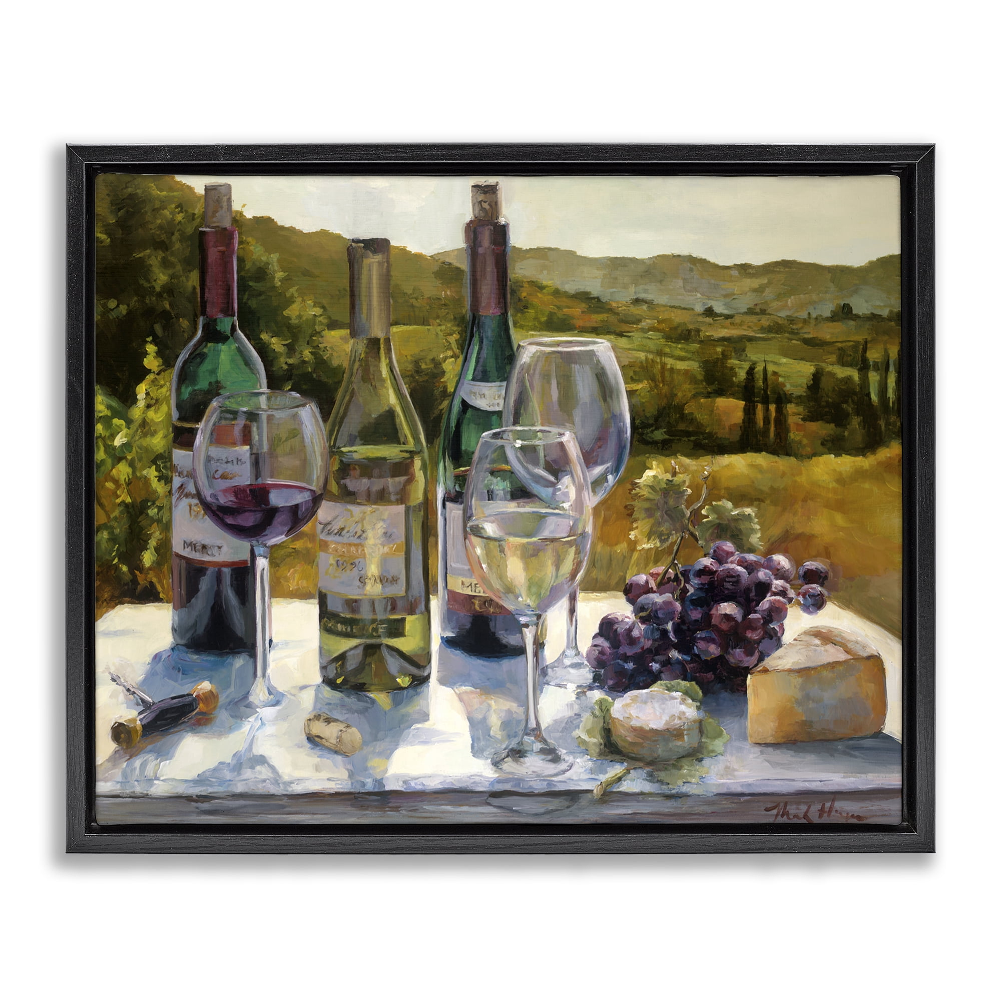 Stupell Industries Wine and Cheese Vineyard Food & Beverage Painting Black Floater Framed Canvas Art Print Wall Art, 21 x 17
