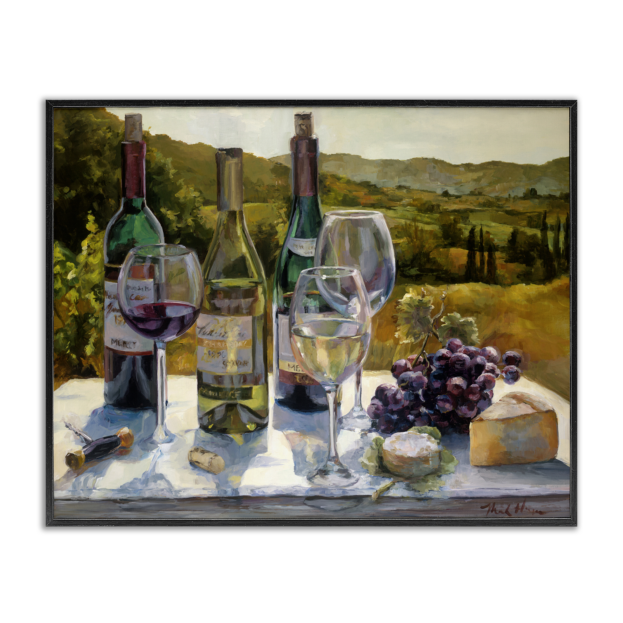Stupell Industries Wine and Cheese Vineyard Food & Beverage Painting Black Framed Art Print Wall Art, 30 x 24