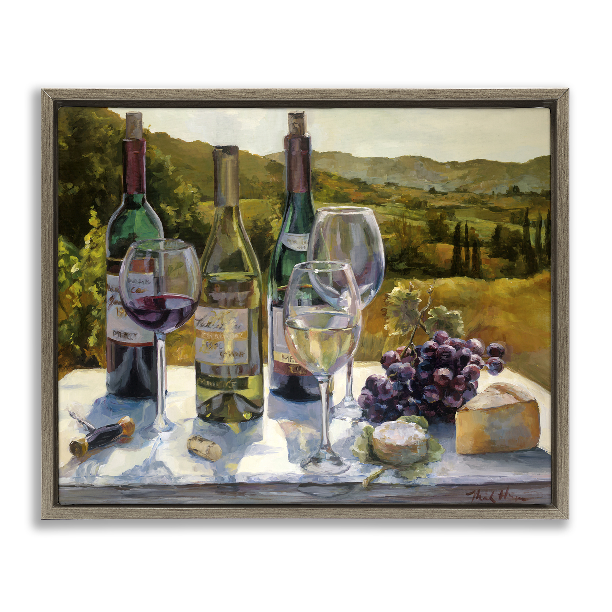 Stupell Industries Wine and Cheese Vineyard Food & Beverage Painting Brown Floater Framed Canvas Art Print Wall Art, 31 x 25