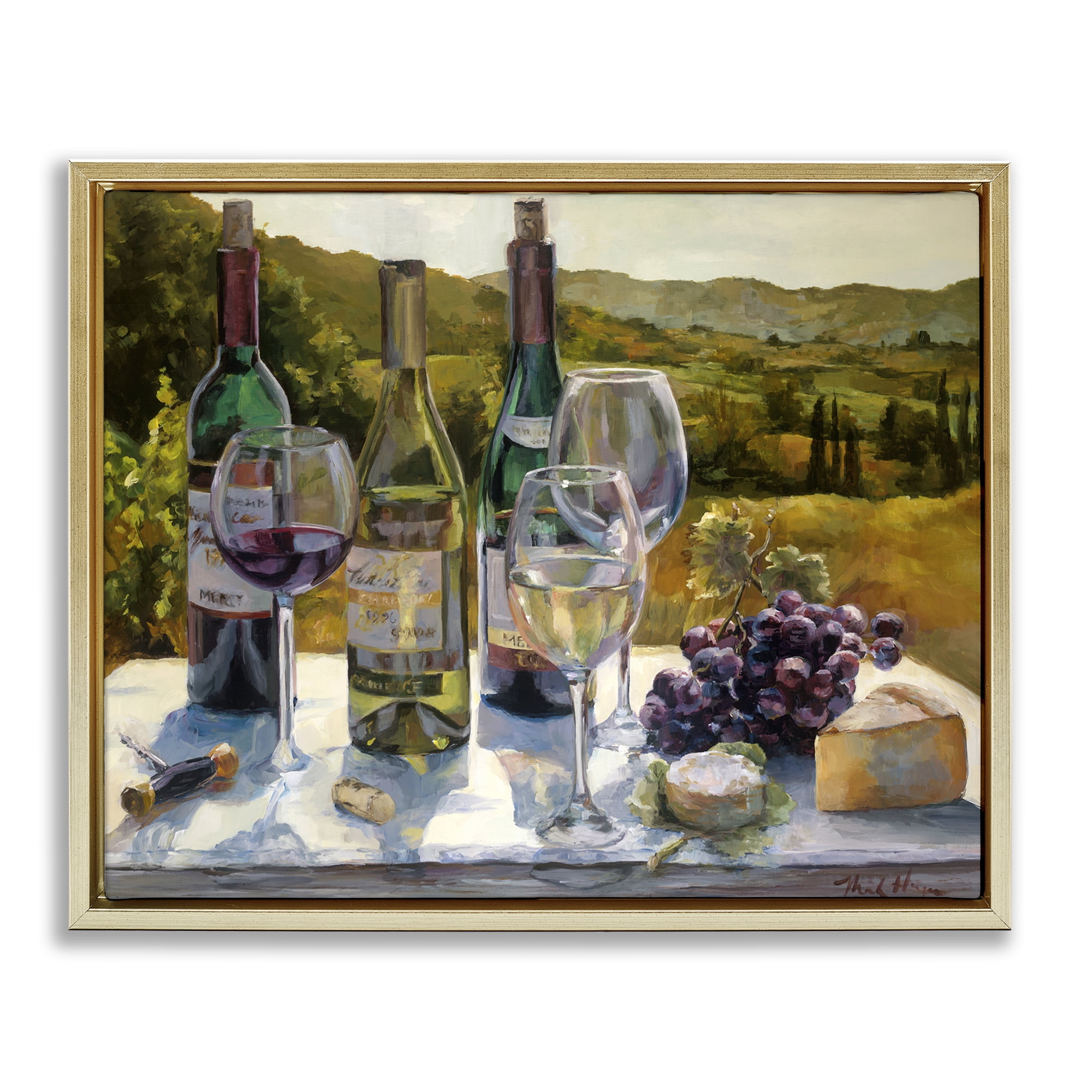 Stupell Industries Wine and Cheese Vineyard Food & Beverage Painting Gold Floater Framed Canvas Art Print Wall Art, 31 x 25