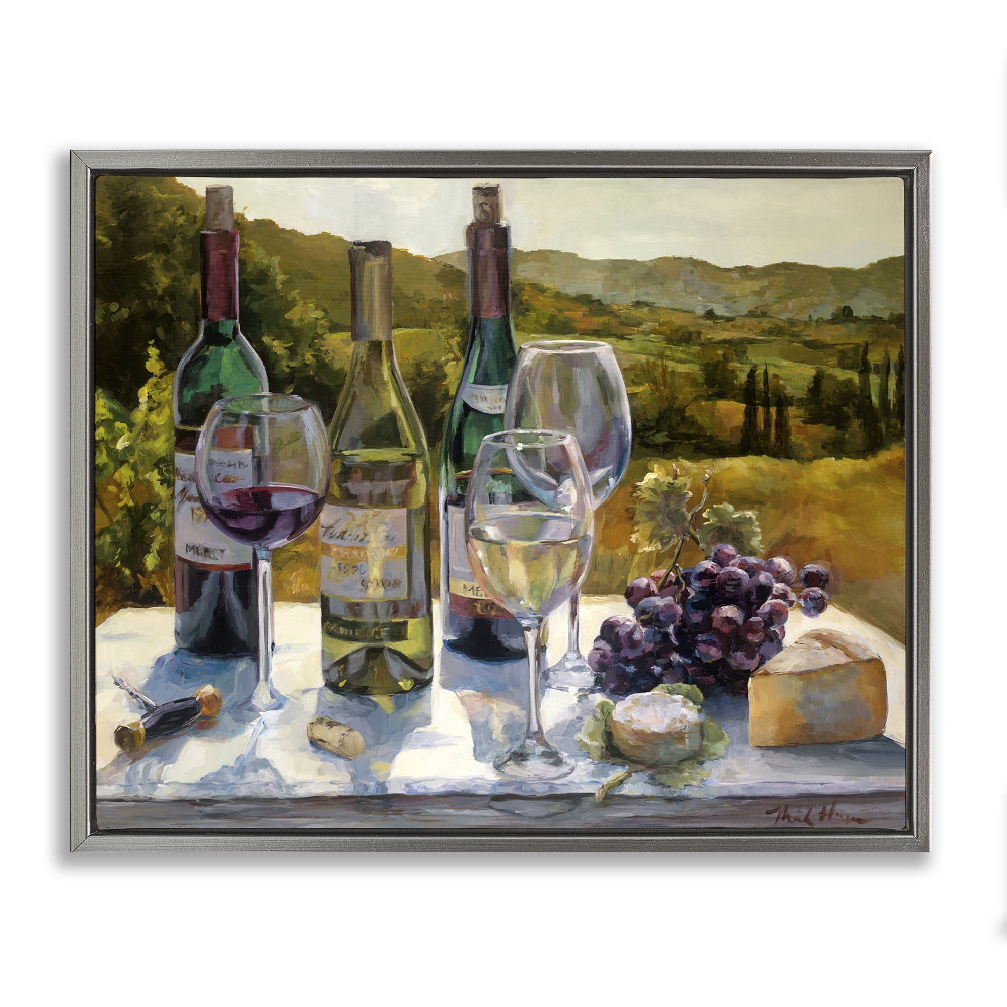 Stupell Industries Wine and Cheese Vineyard Food & Beverage Painting Gray Floater Framed Canvas Art Print Wall Art, 21 x 17