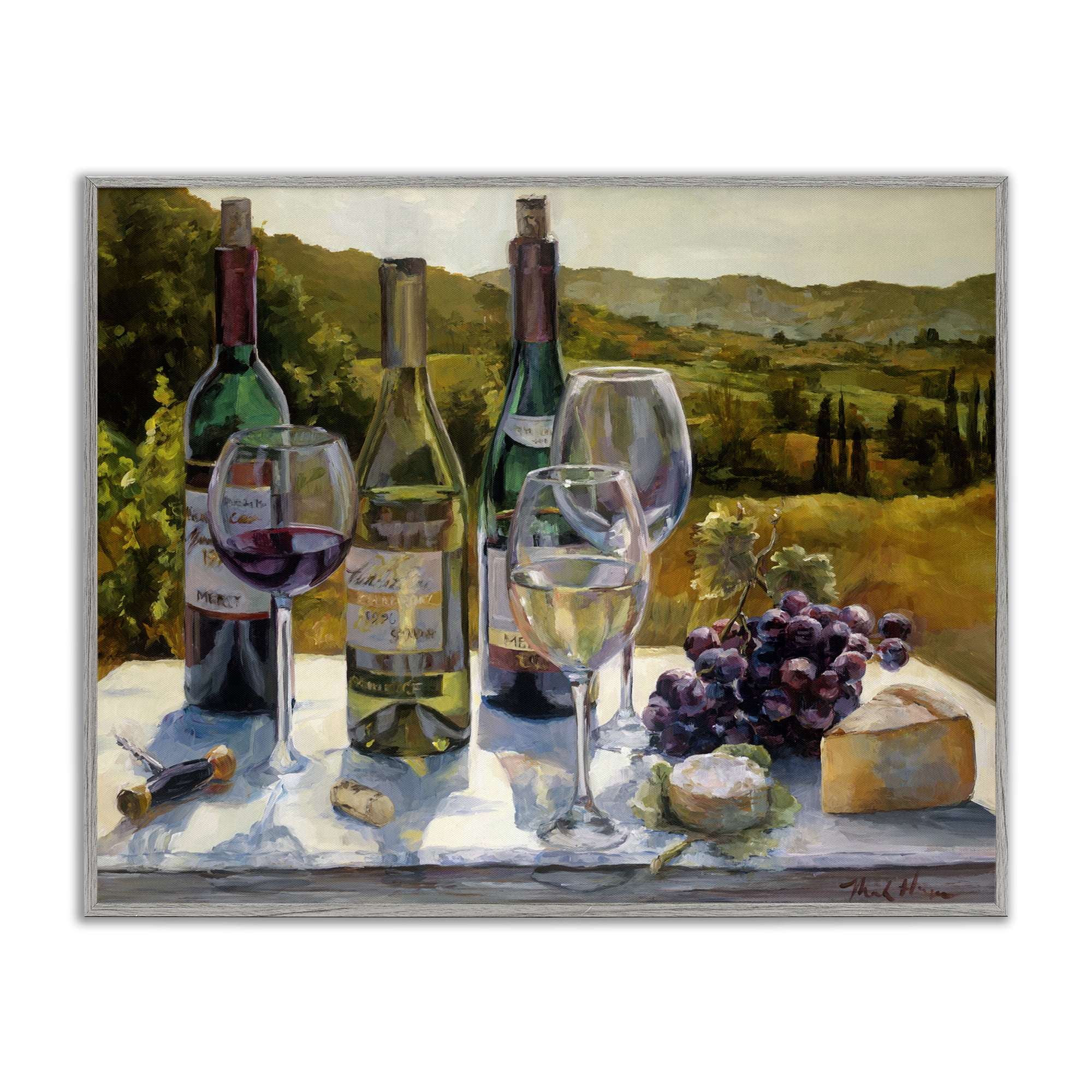 Stupell Industries Wine and Cheese Vineyard Food & Beverage Painting Gray Framed Art Print Wall Art, 14 x 11