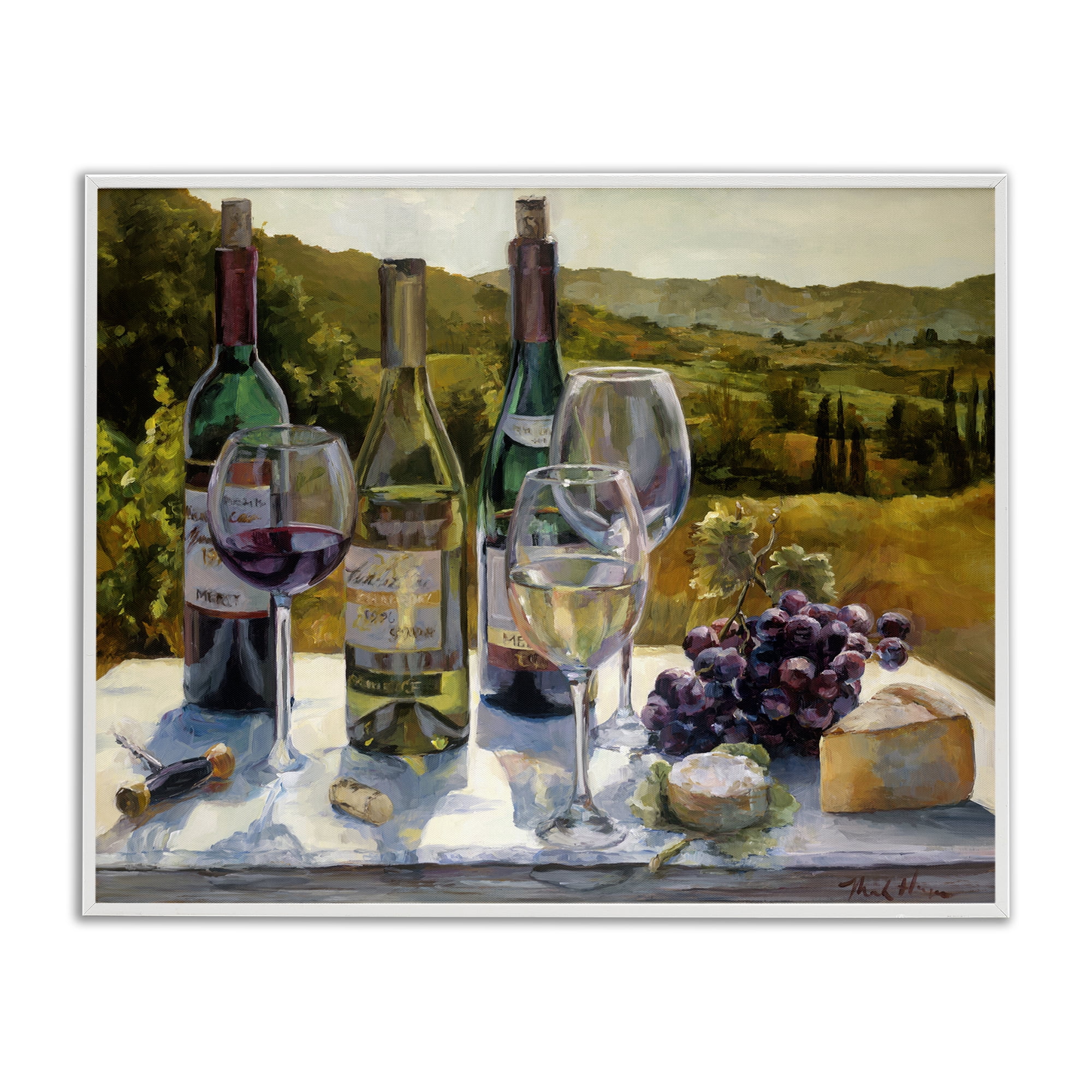 Stupell Industries Wine and Cheese Vineyard Food & Beverage Painting White Framed Art Print Wall Art, 14 x 11